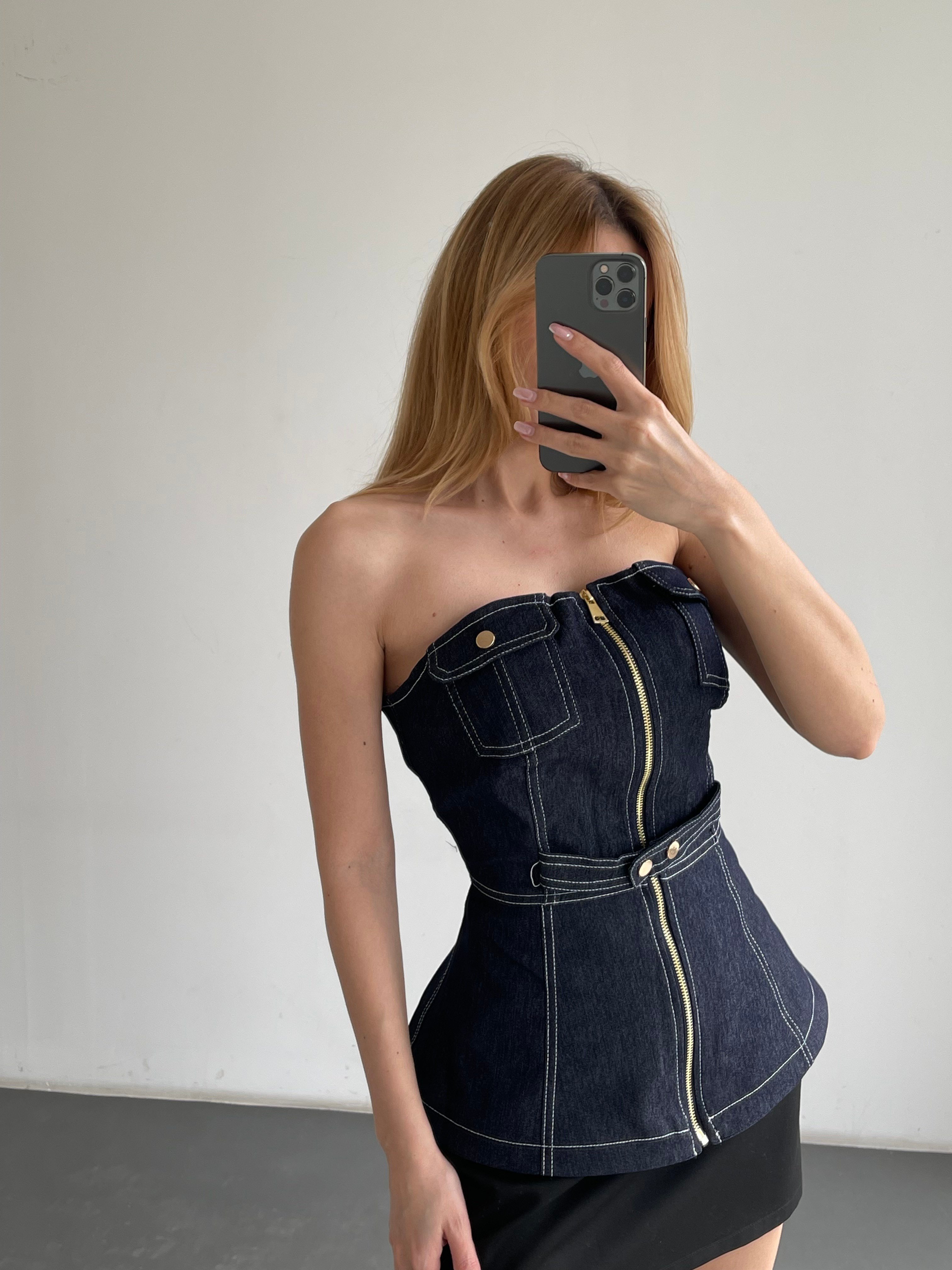 Fermuarlı Straplez Denim Büstiyer