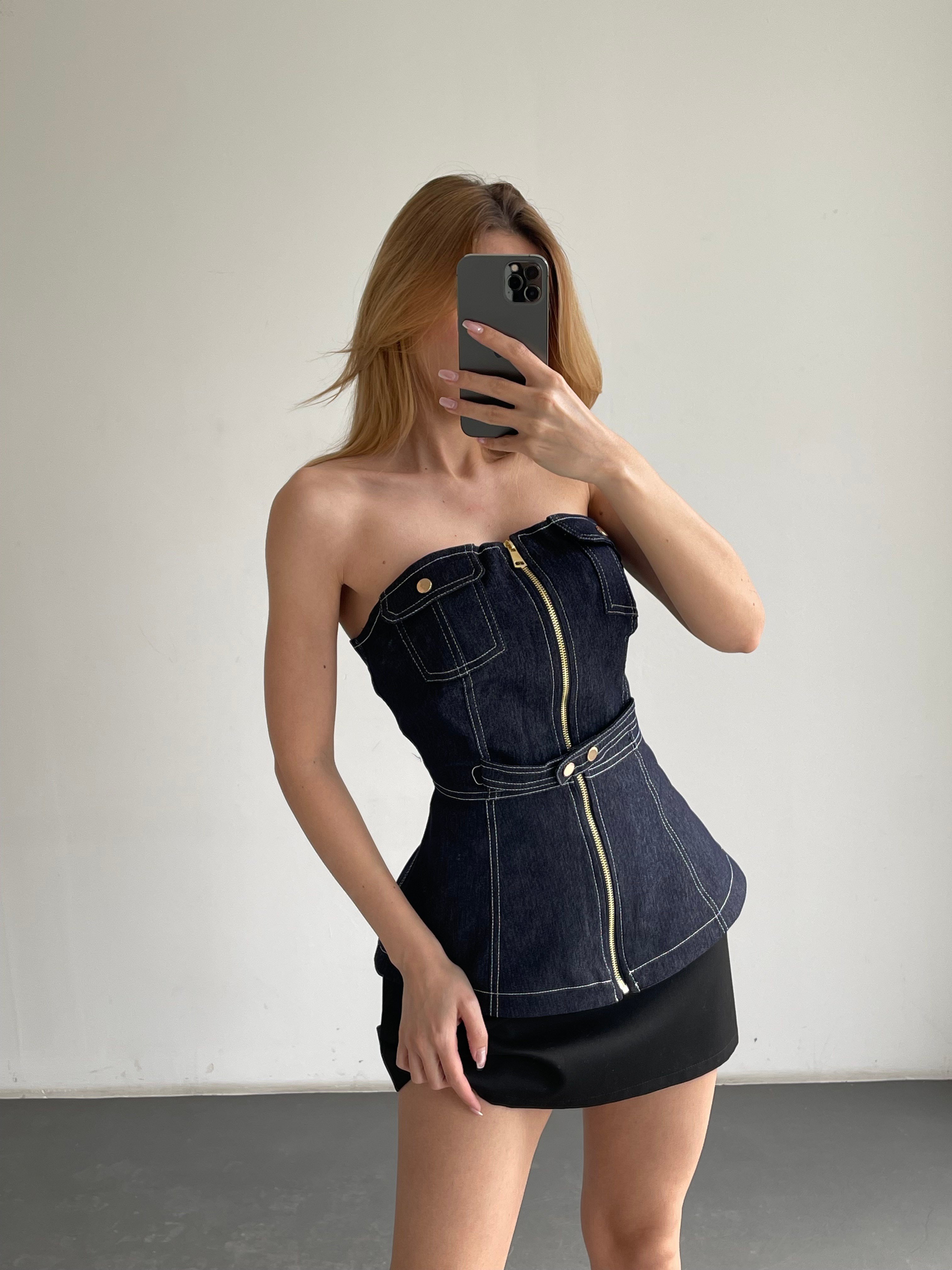 Fermuarlı Straplez Denim Büstiyer
