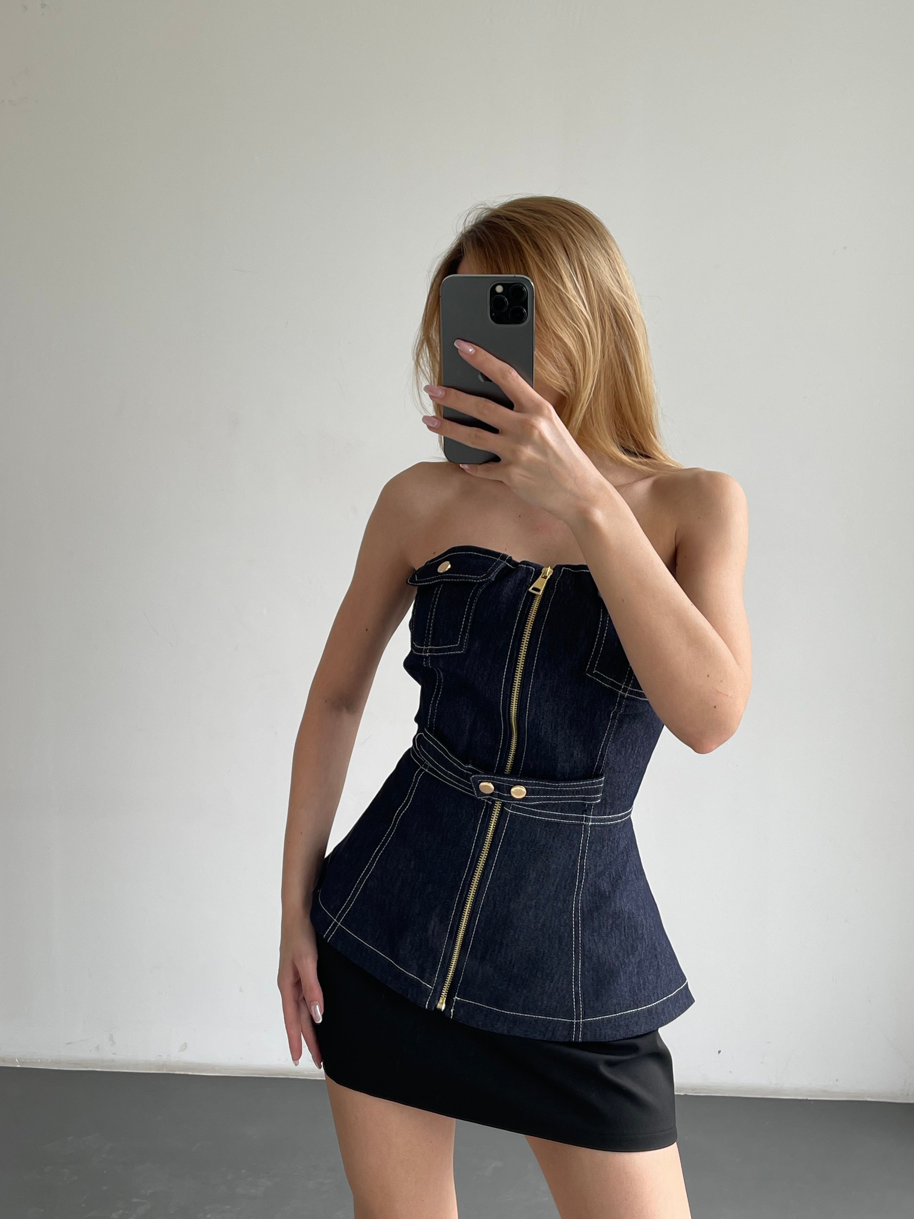 Fermuarlı Straplez Denim Büstiyer