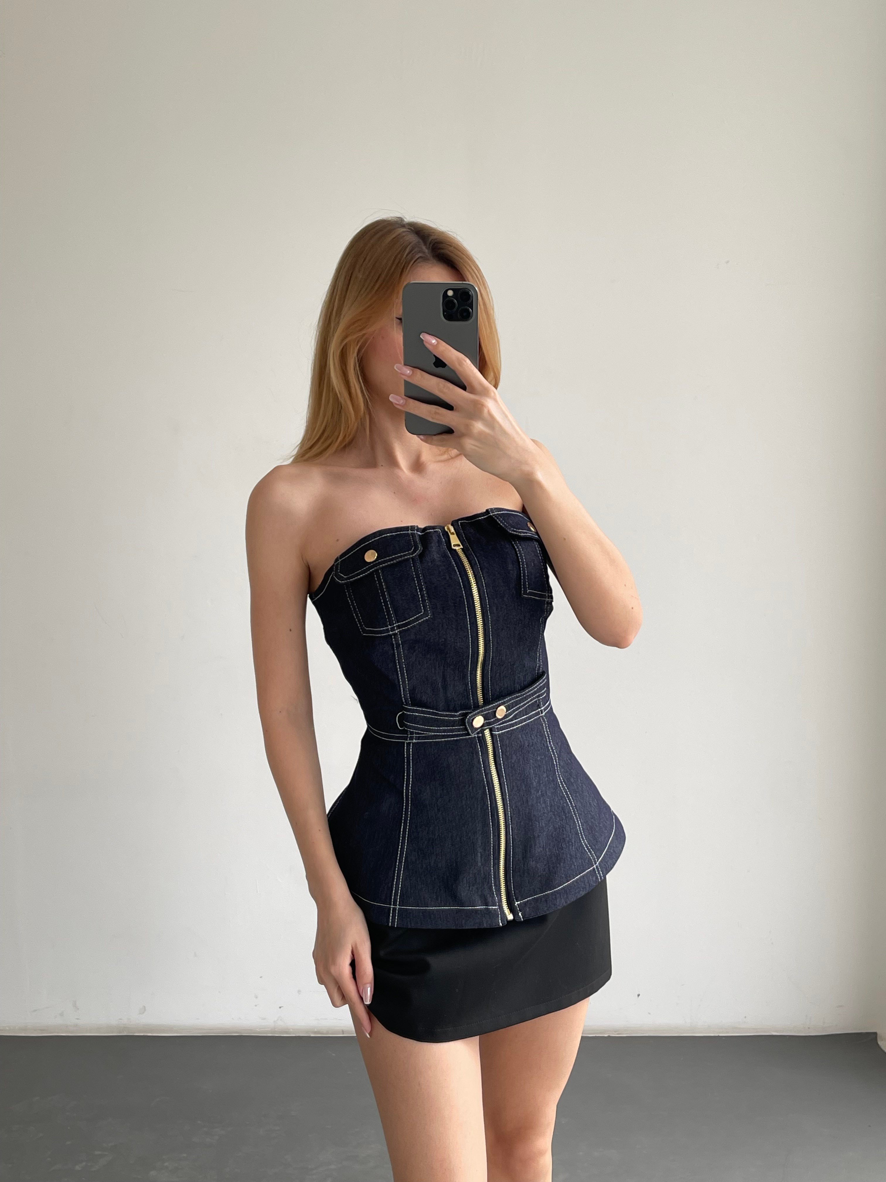 Fermuarlı Straplez Denim Büstiyer