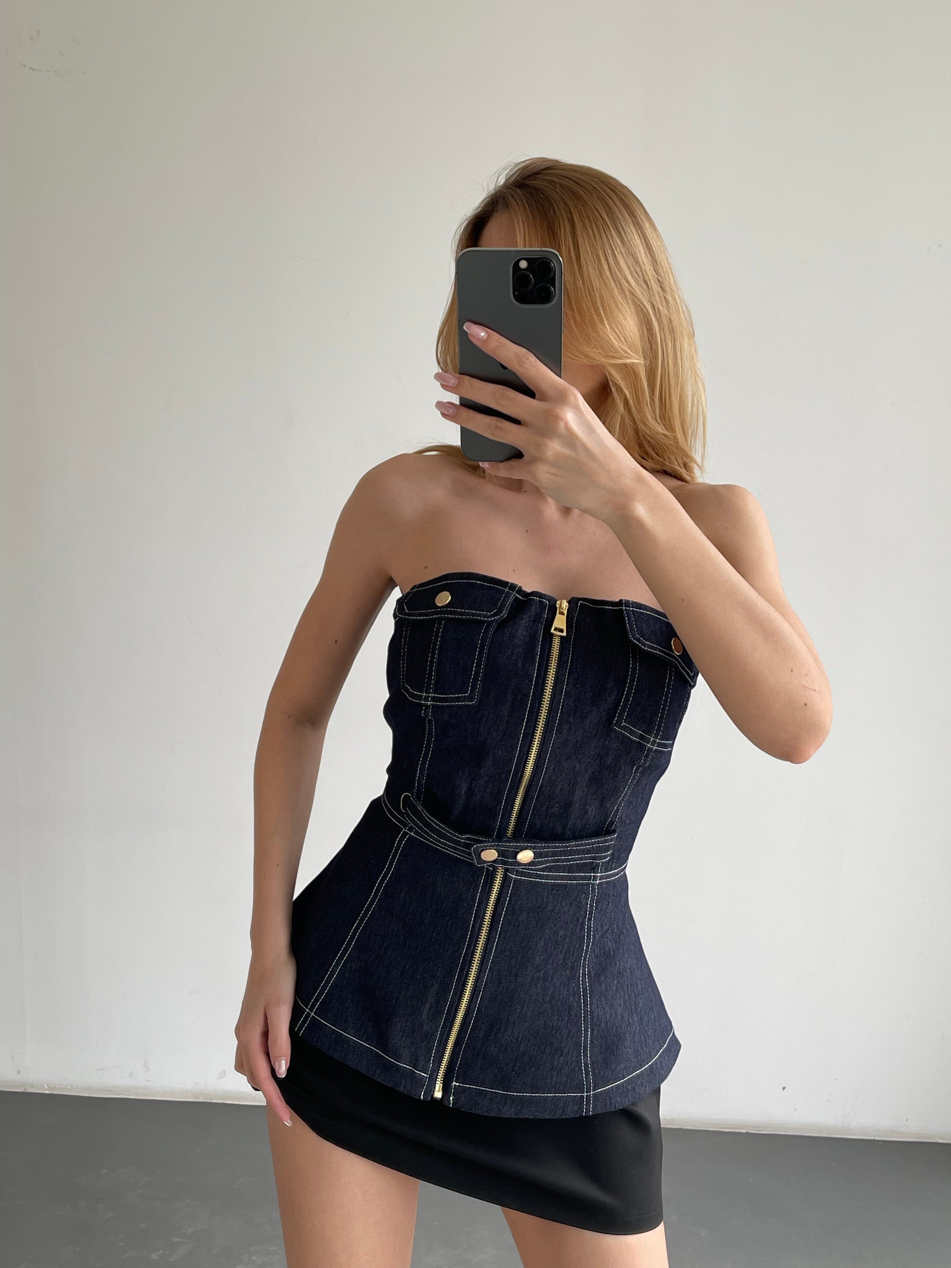 Fermuarlı Straplez Denim Büstiyer