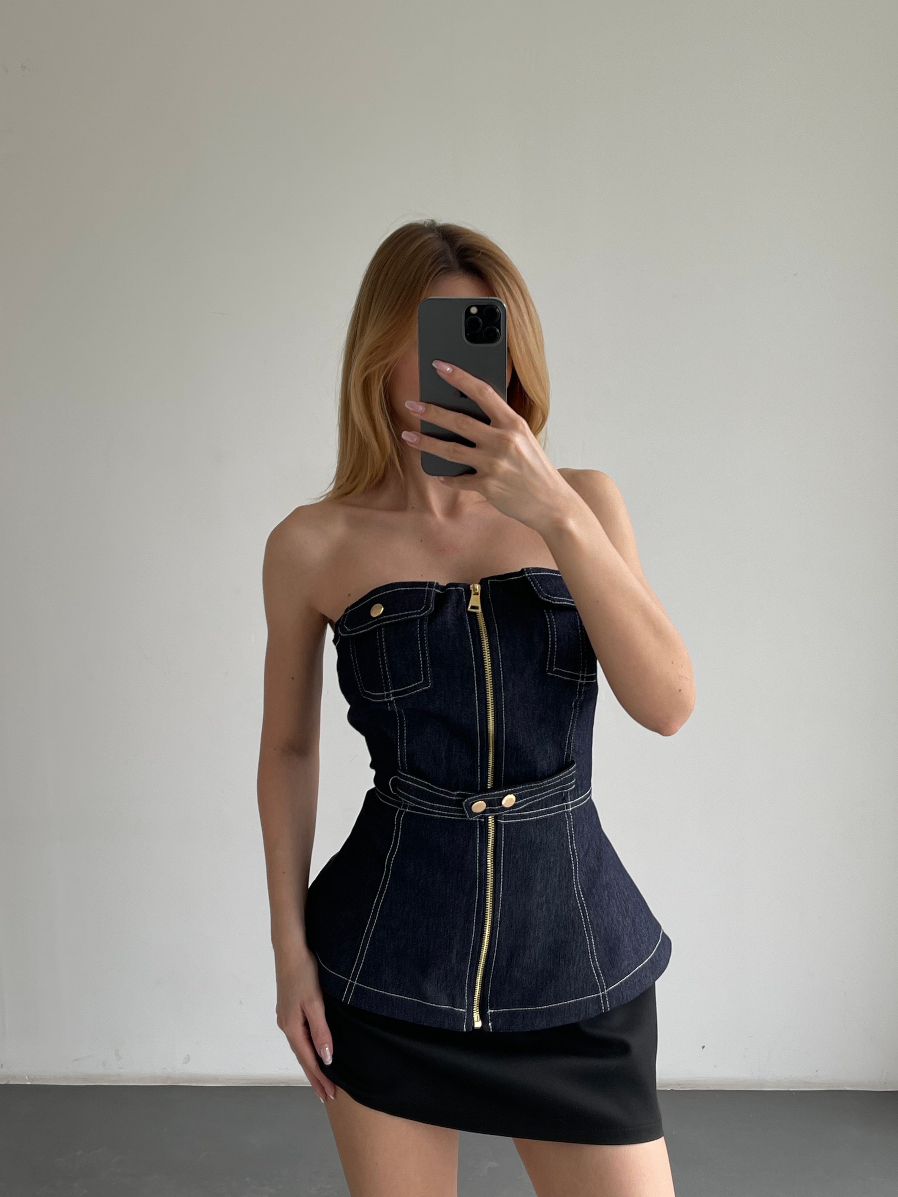 Fermuarlı Straplez Denim Büstiyer