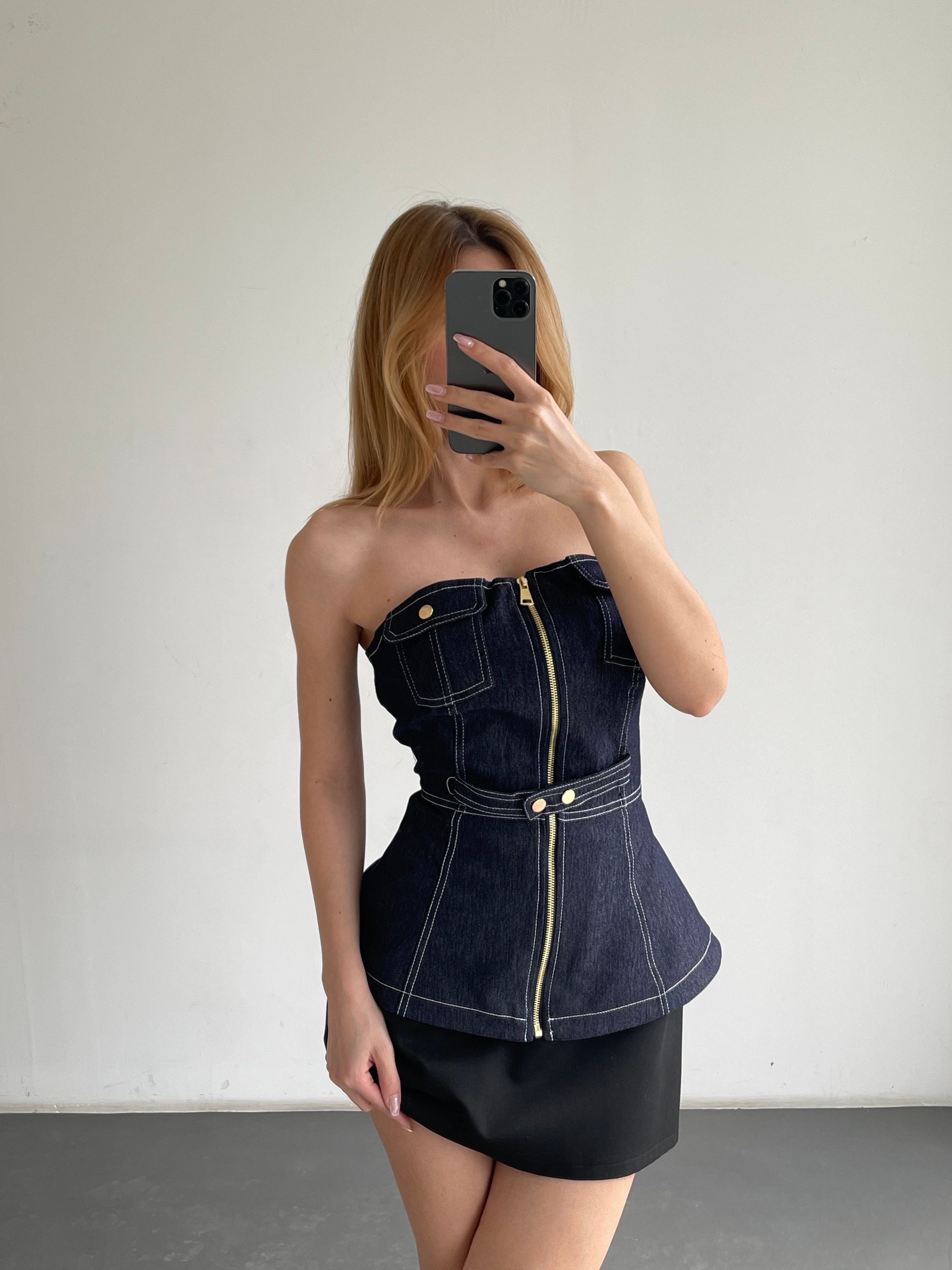 Fermuarlı Straplez Denim Büstiyer