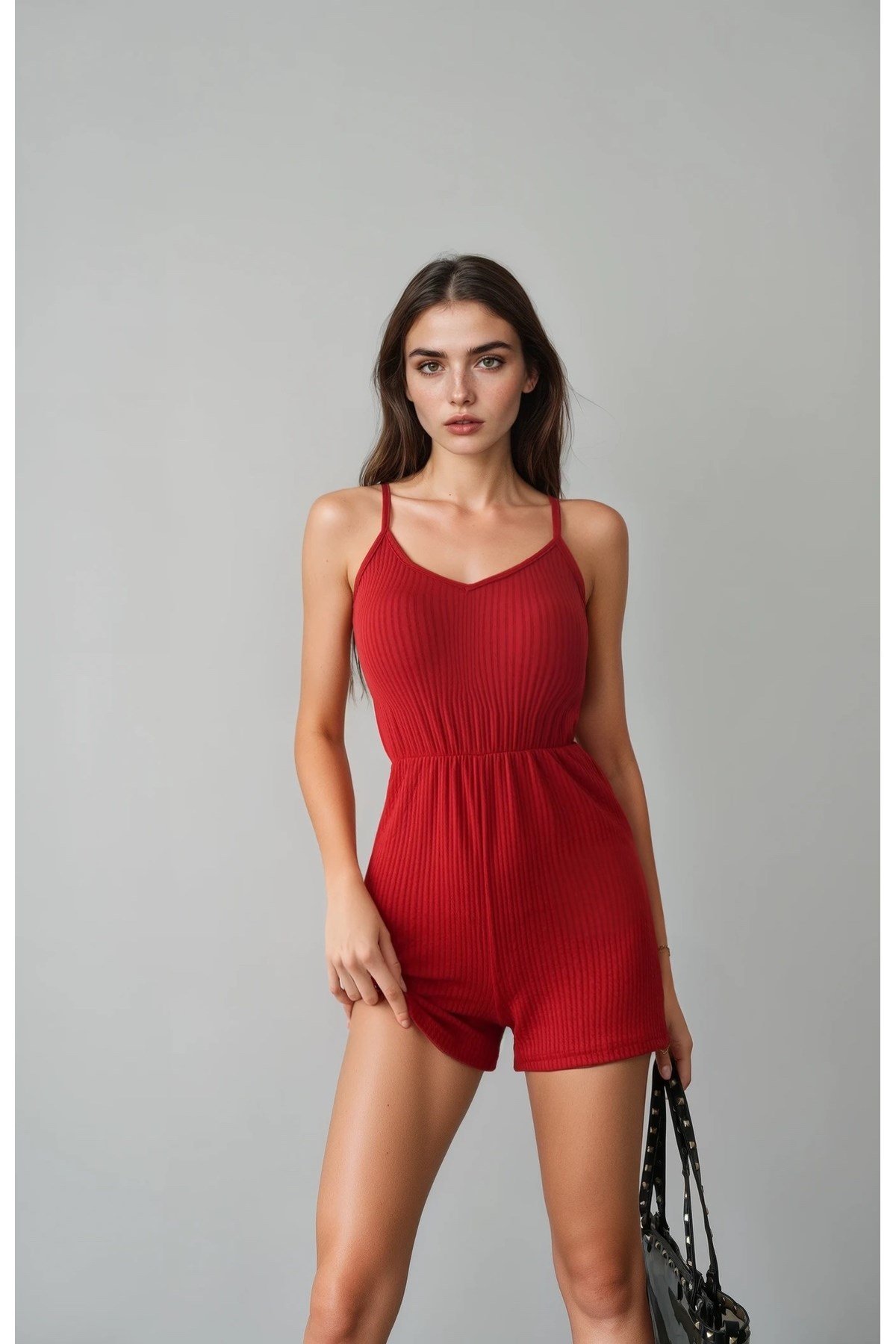 Kadın Beli Lastikli Askılı Şort Tulum