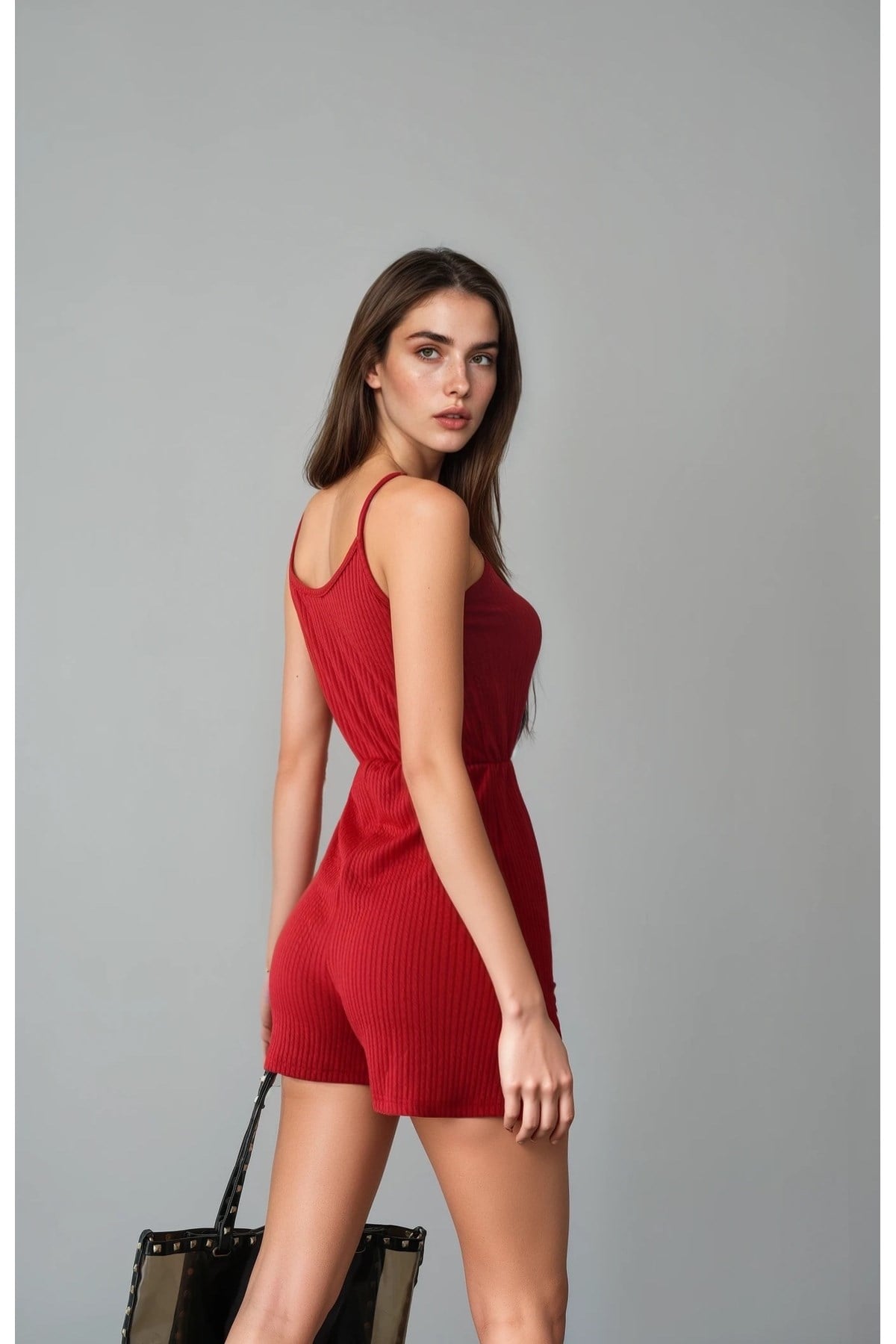 Kadın Beli Lastikli Askılı Şort Tulum
