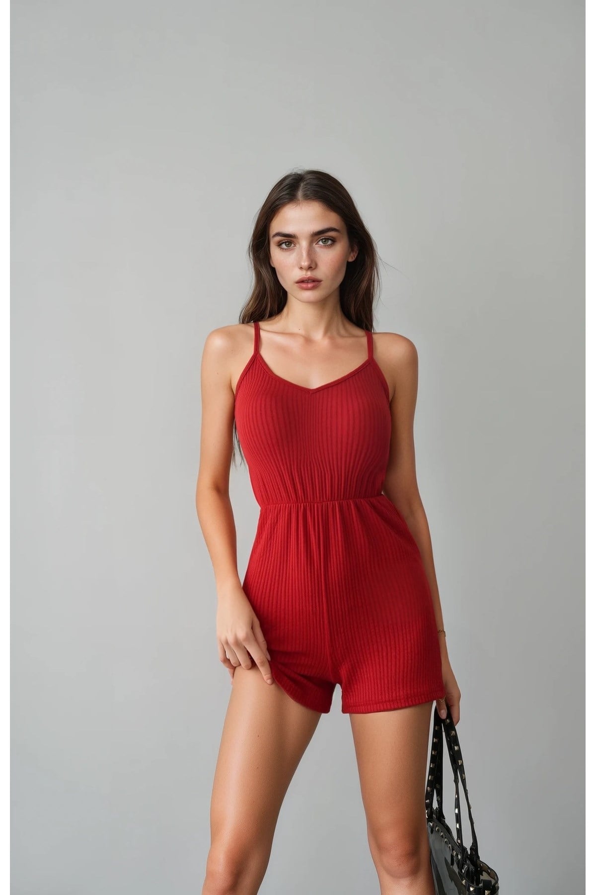 Kadın Beli Lastikli Askılı Şort Tulum