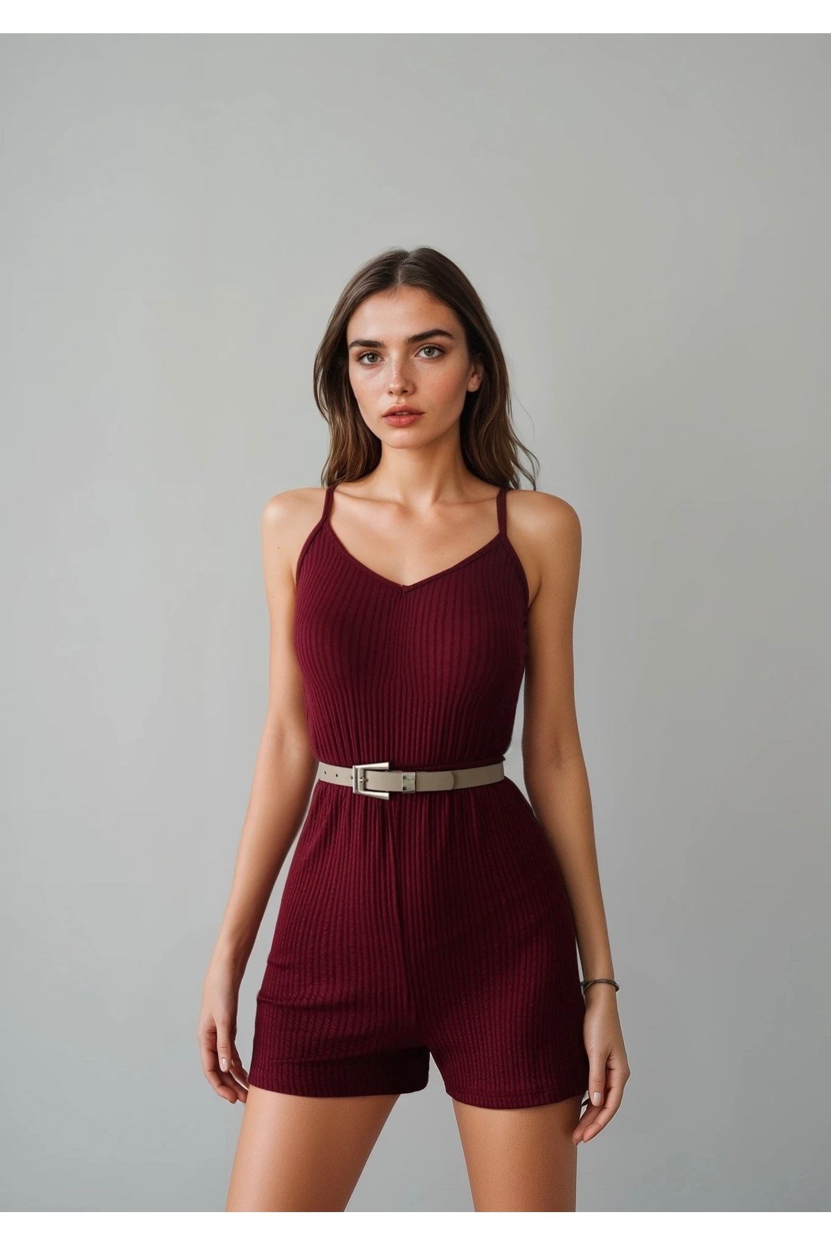 Kadın Beli Lastikli Askılı Şort Tulum