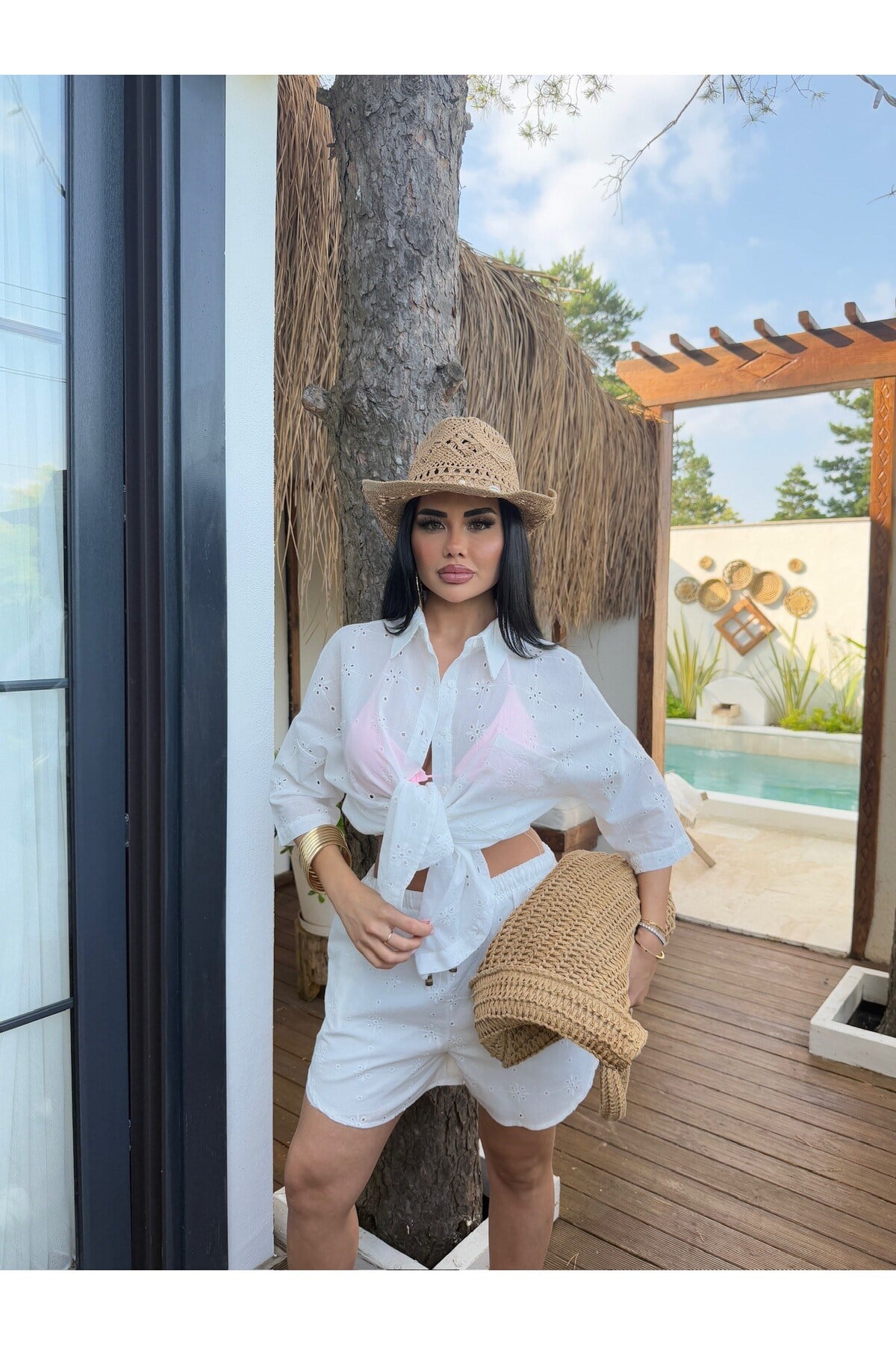 Kadın Brode Detaylı Şort Gömlek Takım