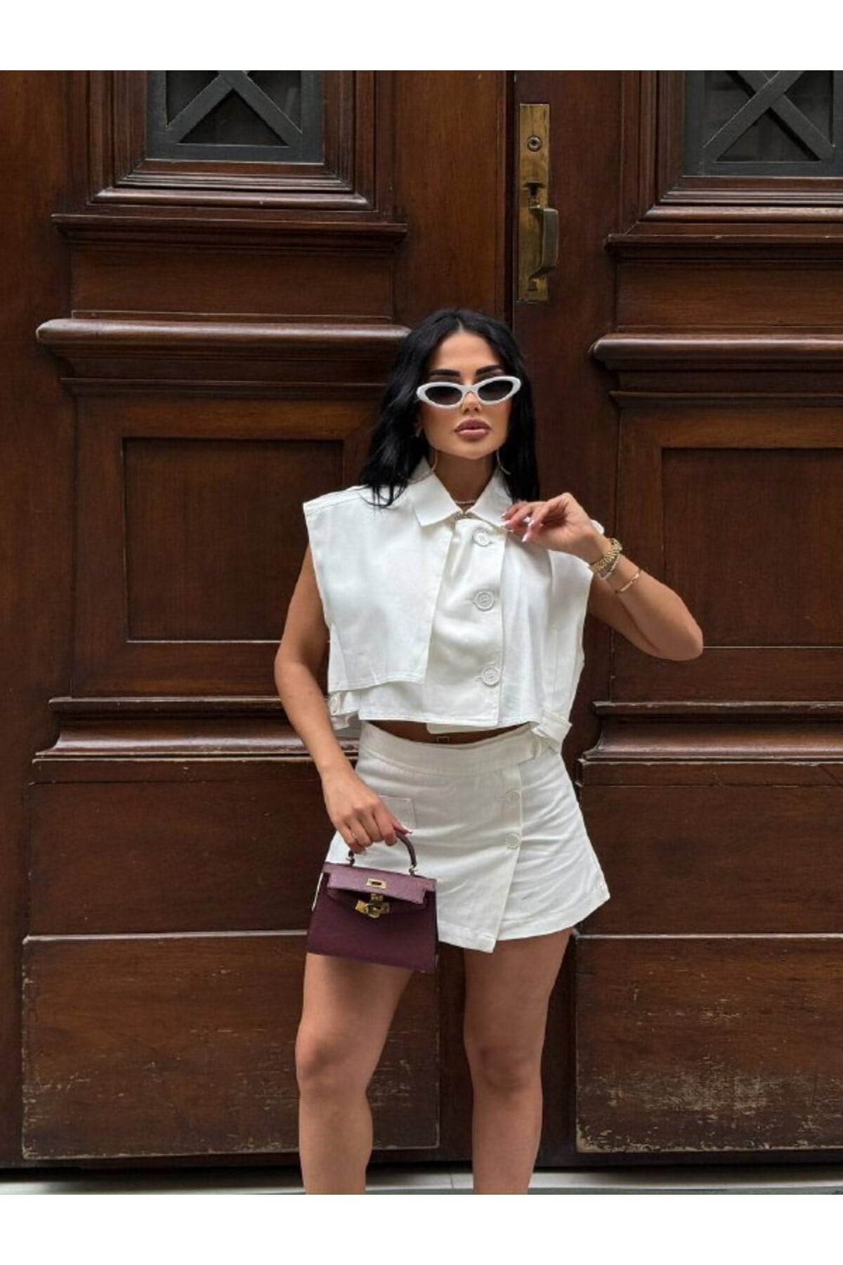 Kadın Gabardin Şort Etek & Crop Yelek Takım