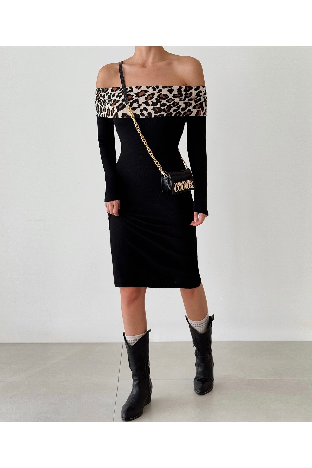 Kadın Leopar Detaylı Madonna Yaka Elbise