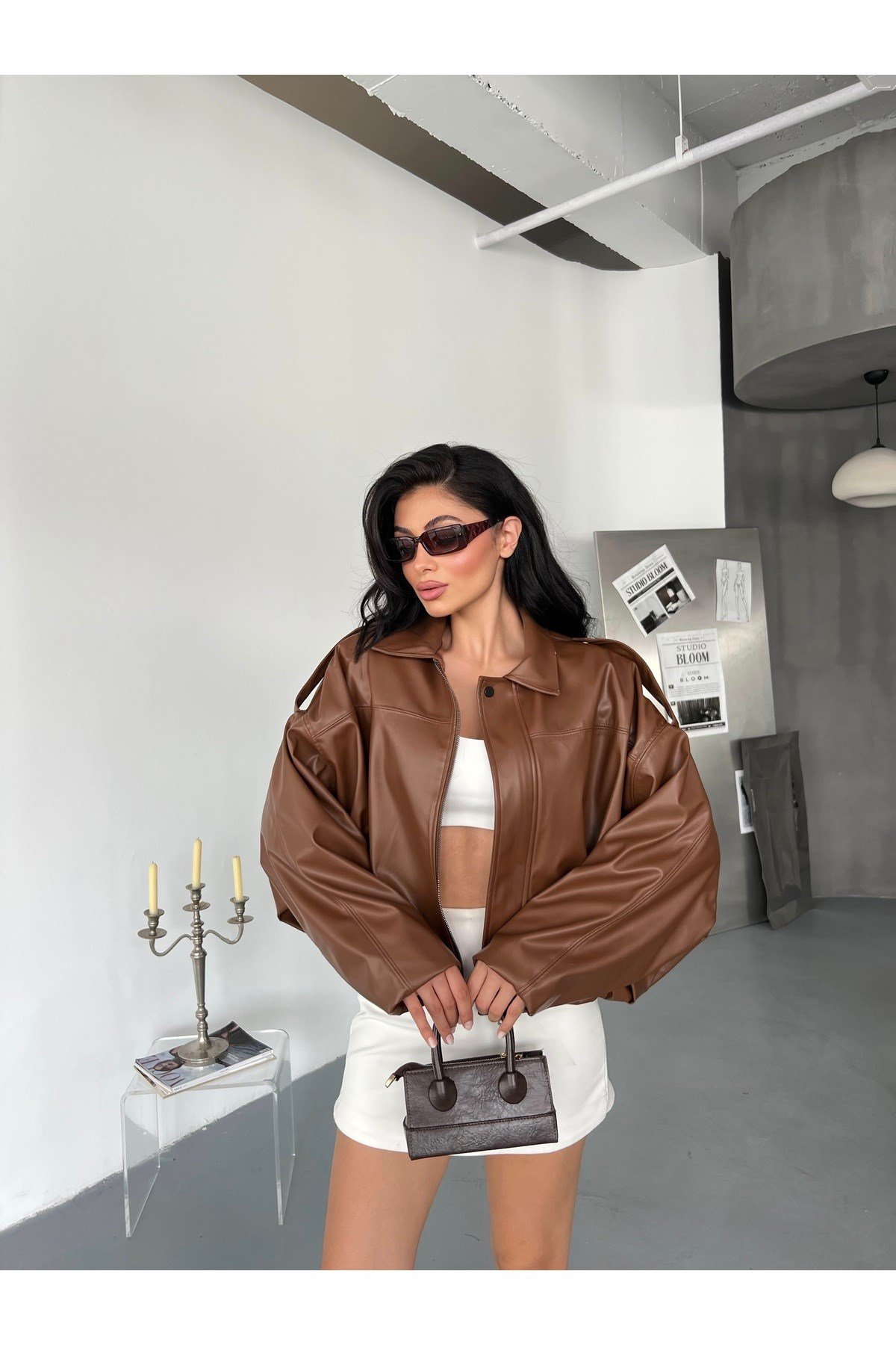 Kadın Oversize Bomber Deri Ceket