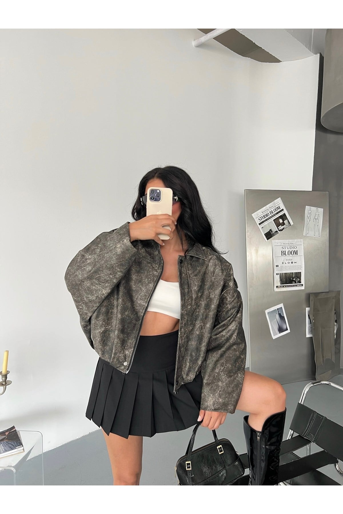 Kadın Oversize Bomber Deri Ceket