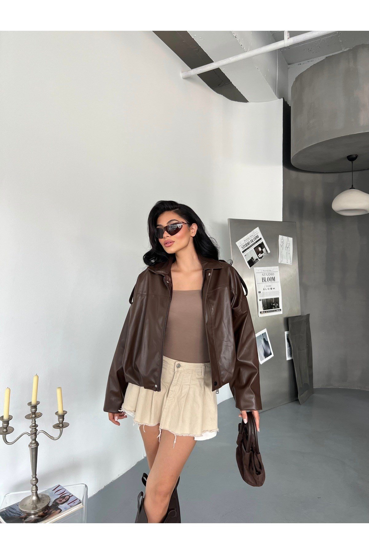 Kadın Oversize Bomber Deri Ceket