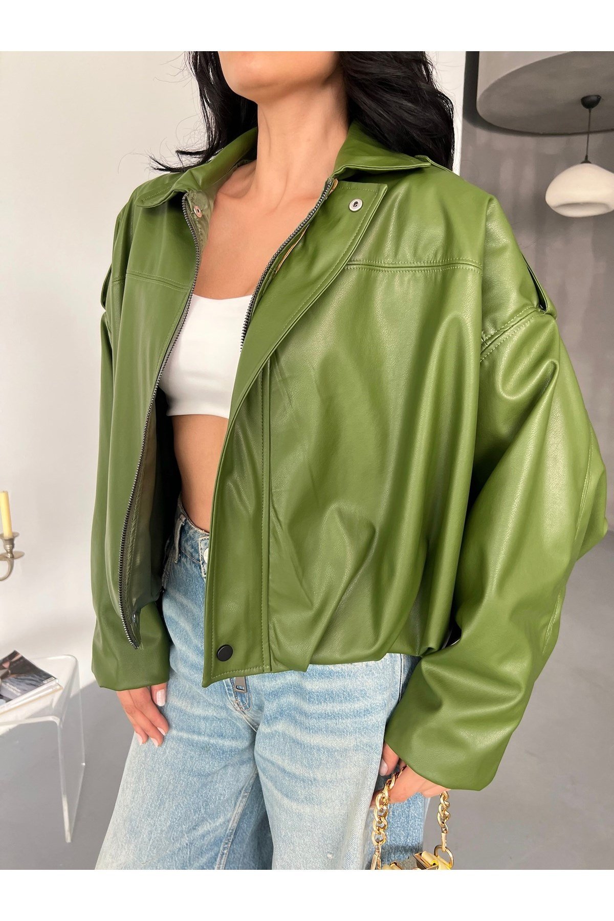 Kadın Oversize Bomber Deri Ceket