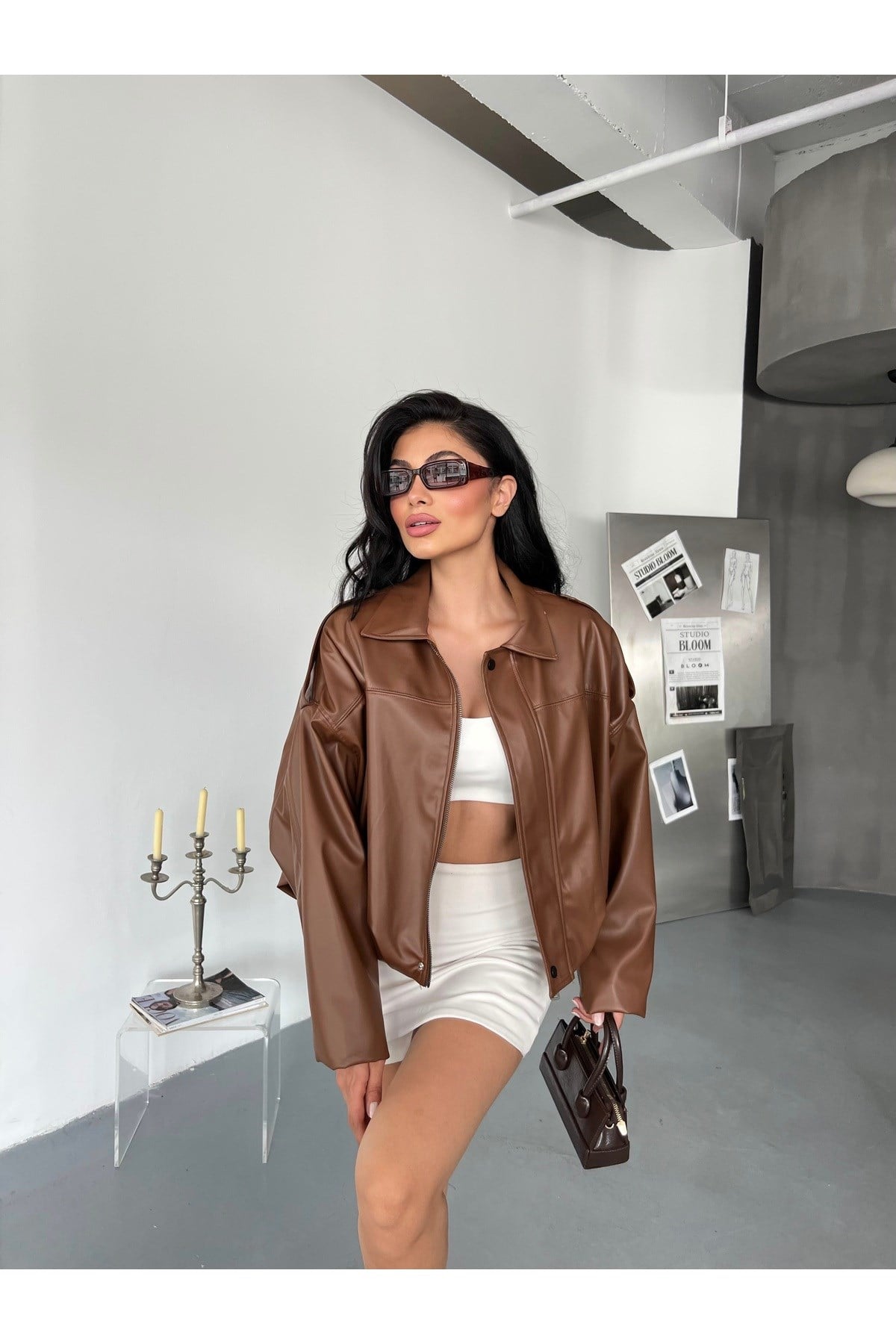 Kadın Oversize Bomber Deri Ceket
