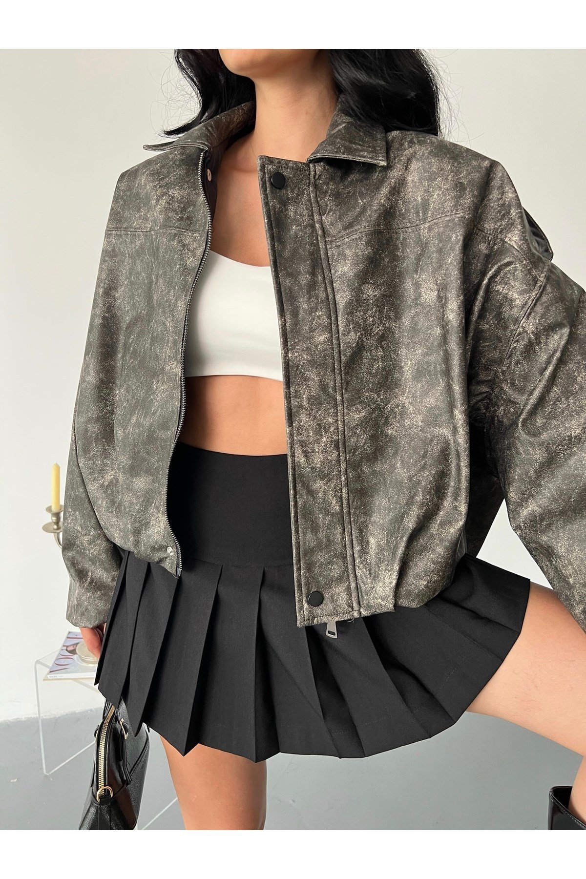Kadın Oversize Bomber Deri Ceket