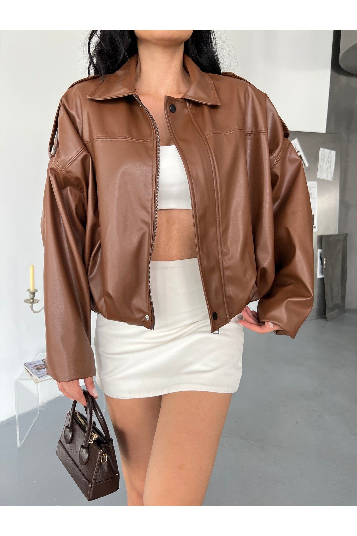 Kadın Oversize Bomber Deri Ceket