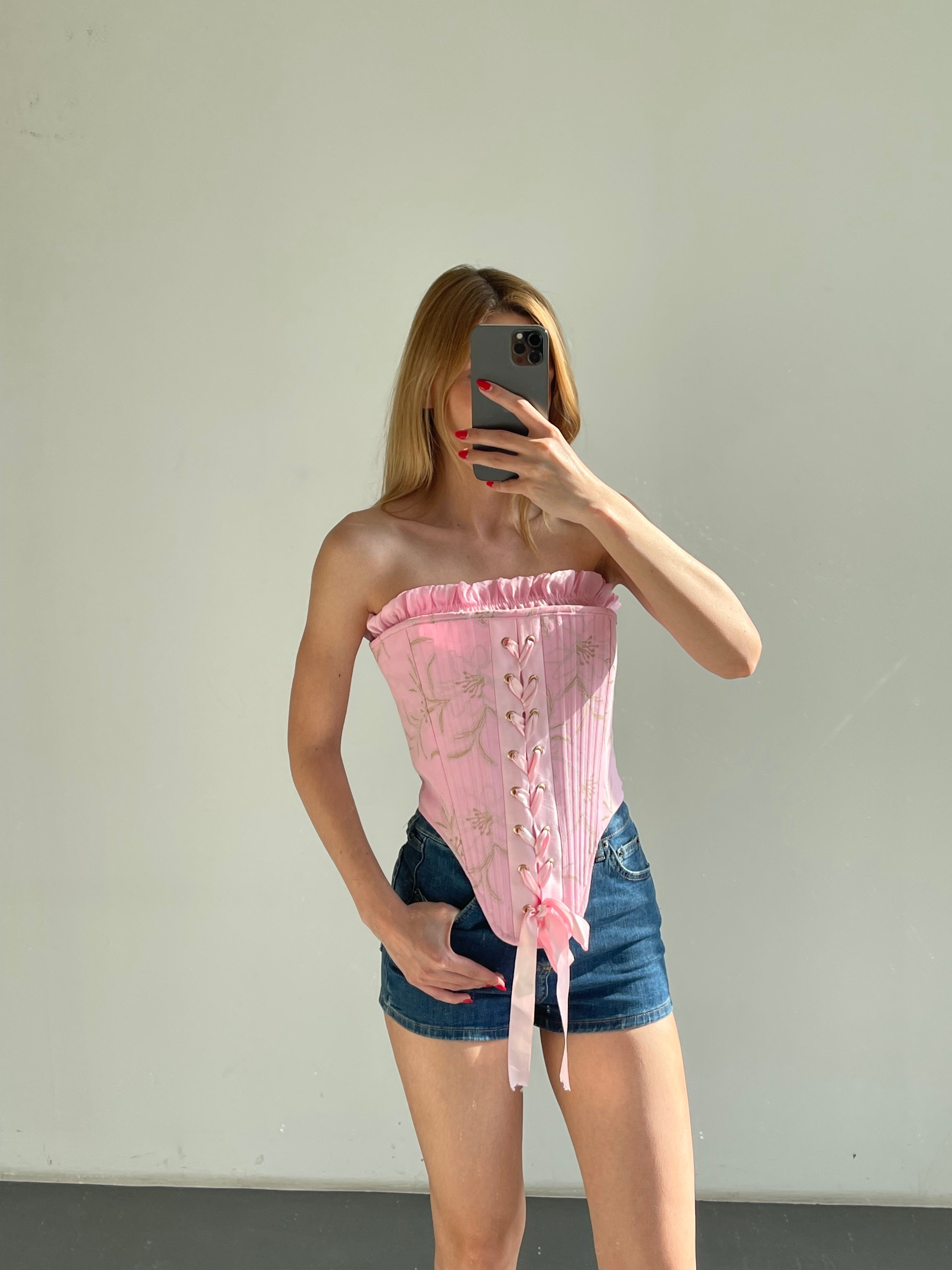 Kadın Pembe Straplez Bağcıklı Vintage Korse