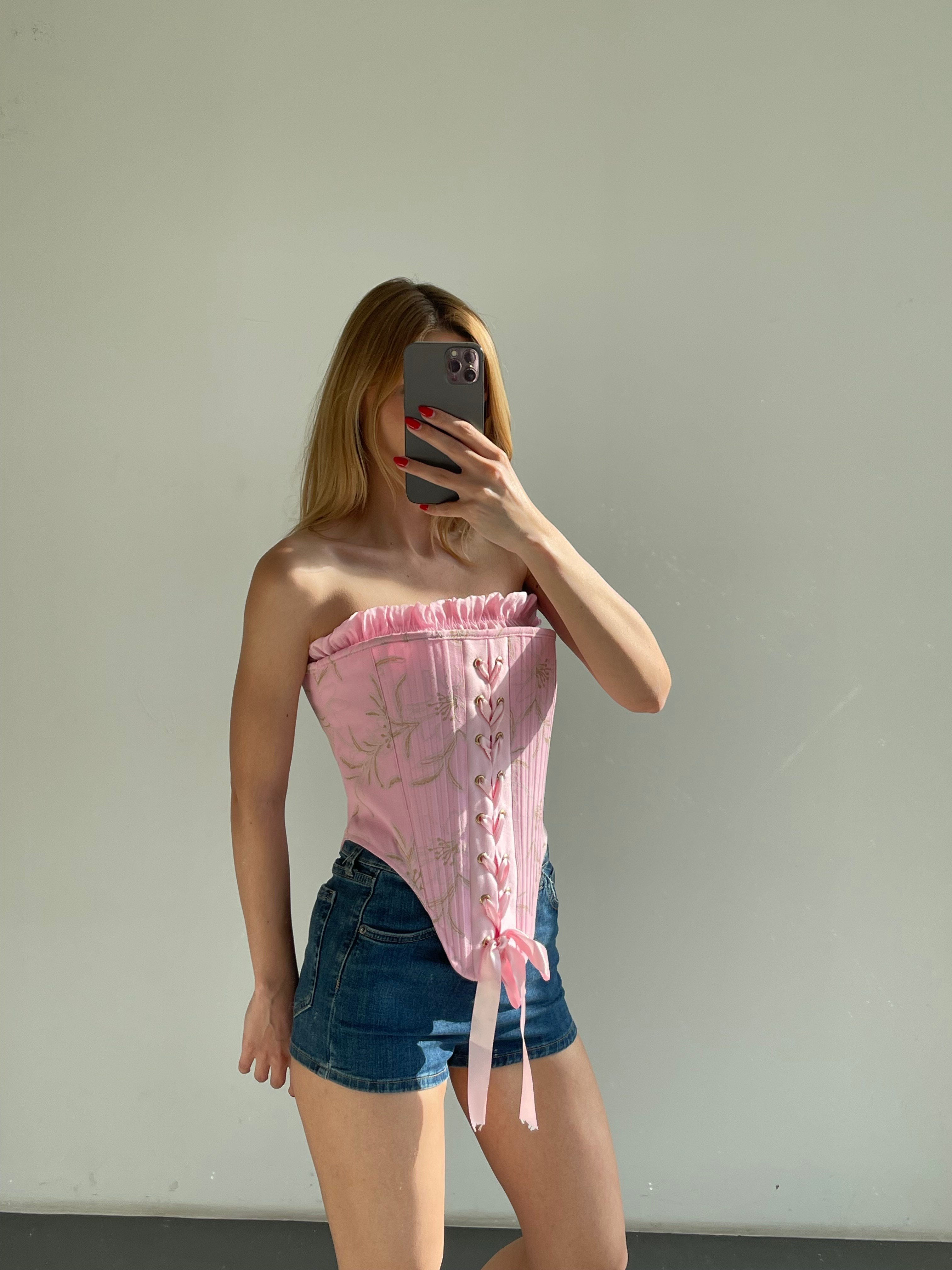 Kadın Pembe Straplez Bağcıklı Vintage Korse