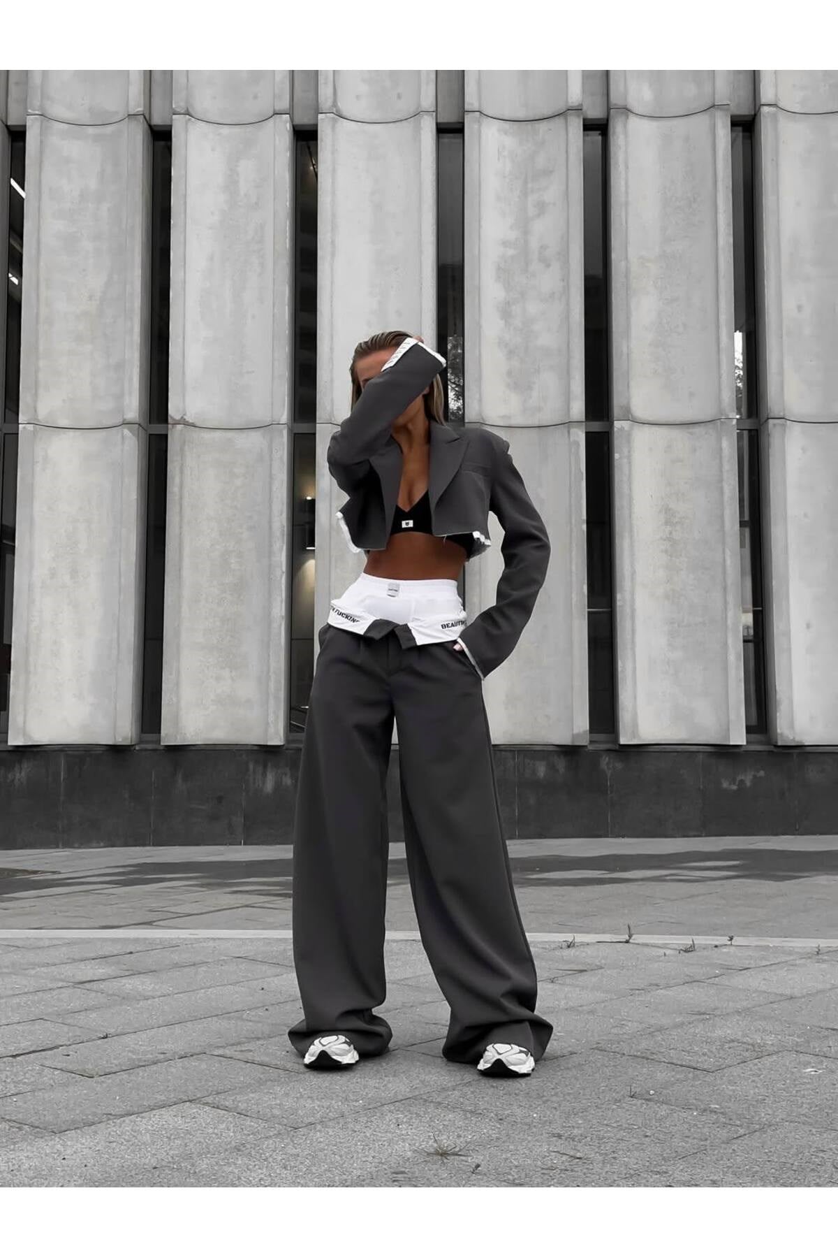 Kadın Tasarım Pantolon & Ceket & Crop & Boxer Set