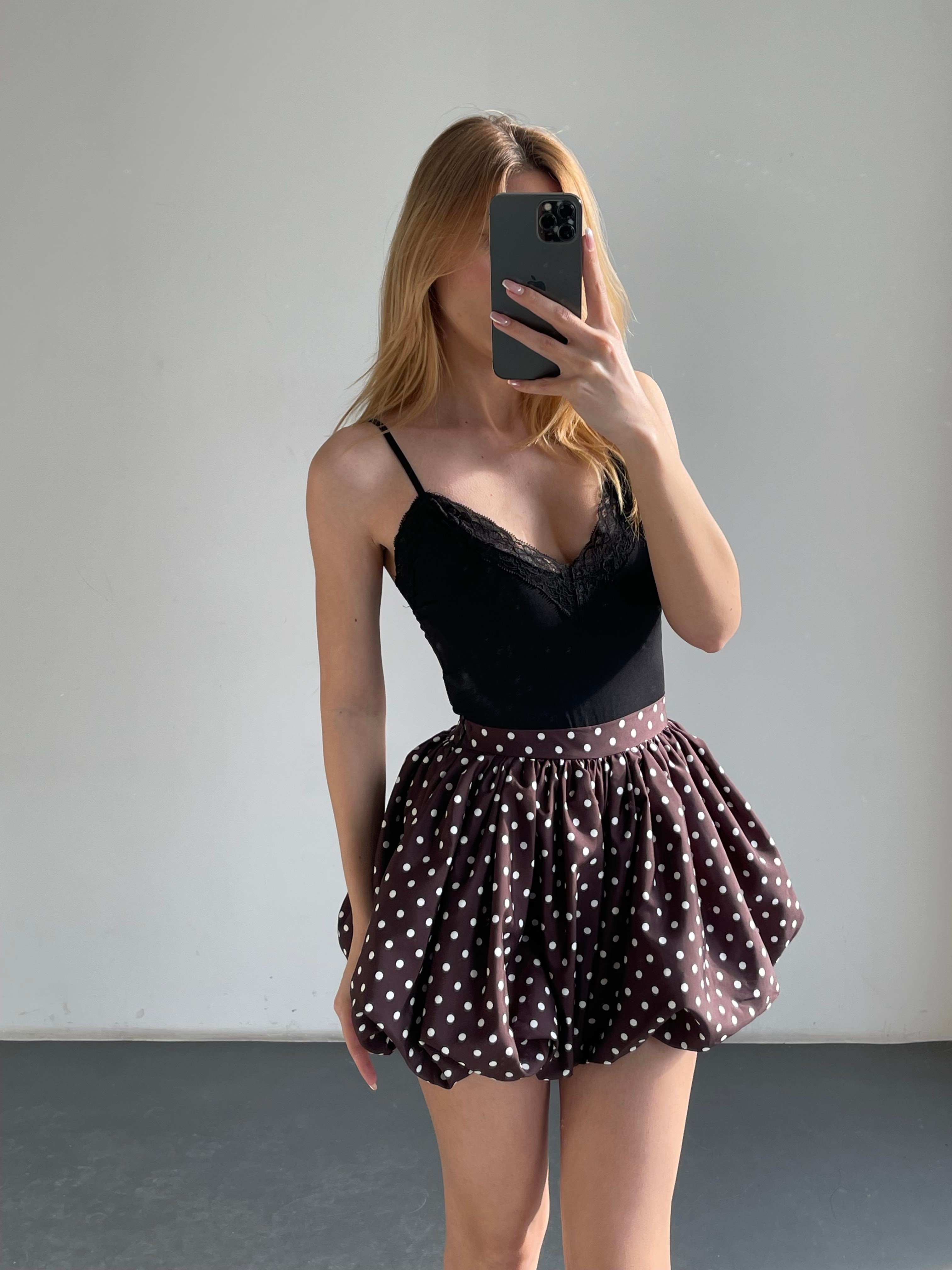 Kahve Puantiyeli İçi Şortlu Balon Etek