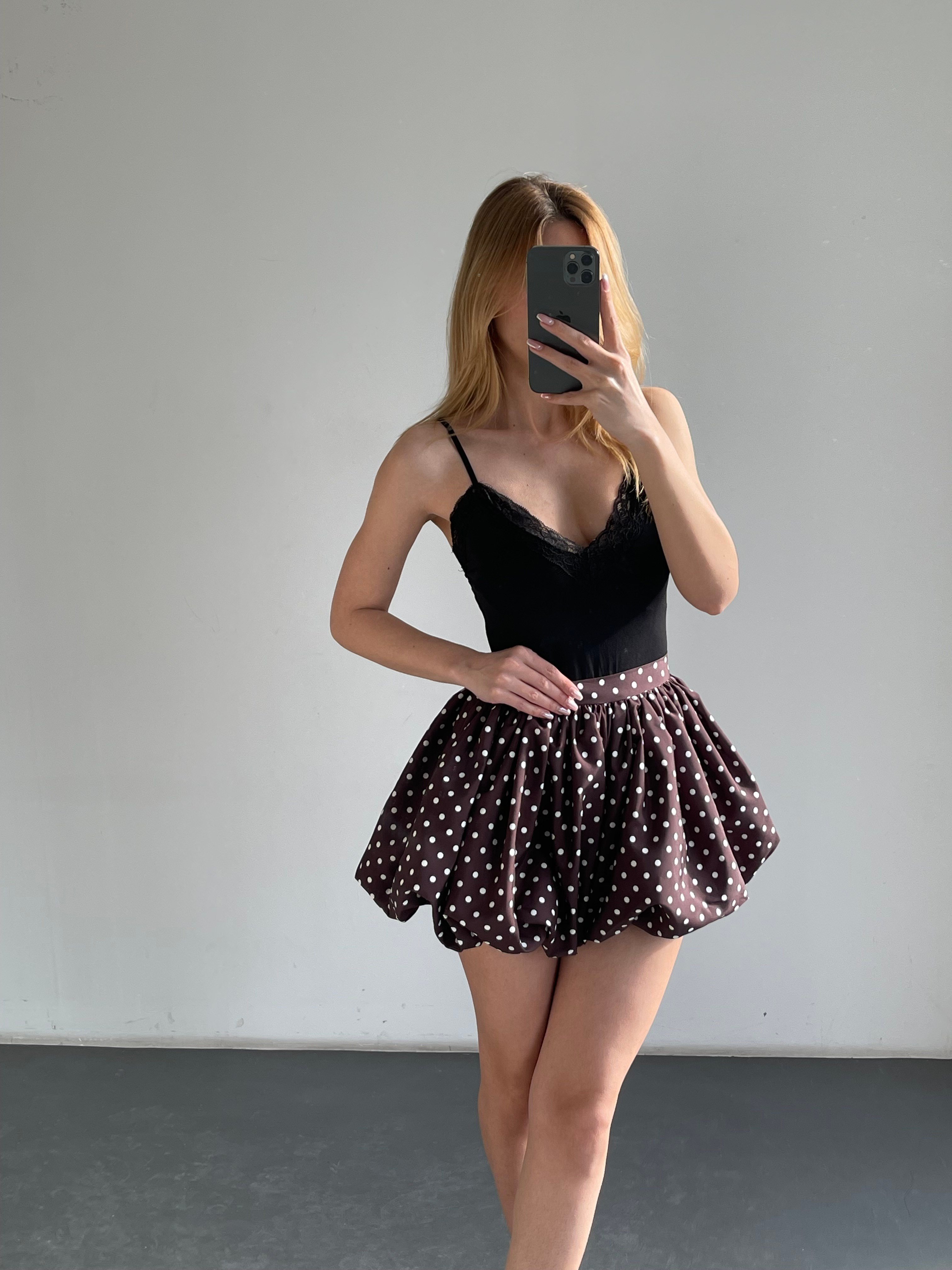 Kahve Puantiyeli İçi Şortlu Balon Etek