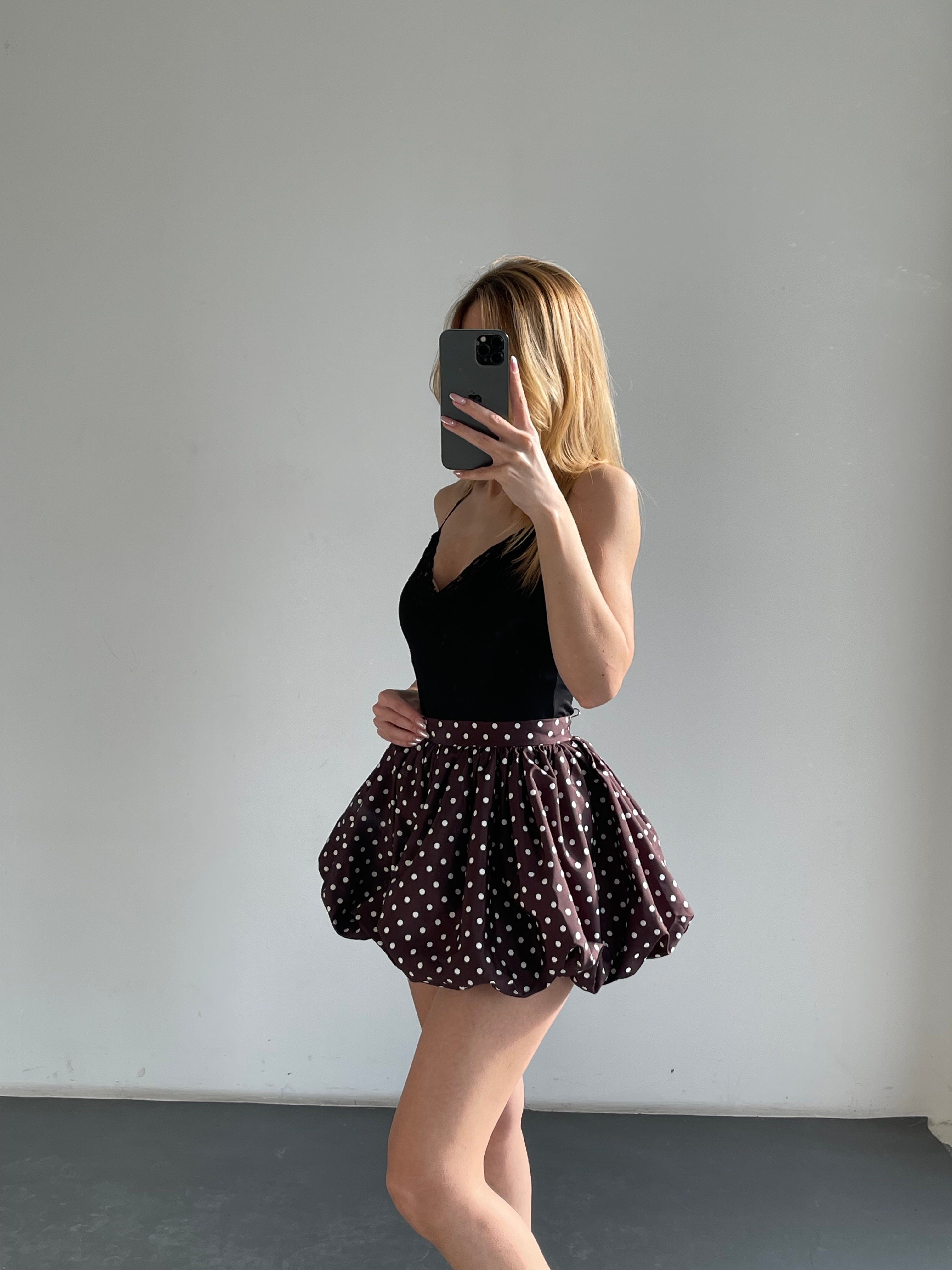 Kahve Puantiyeli İçi Şortlu Balon Etek