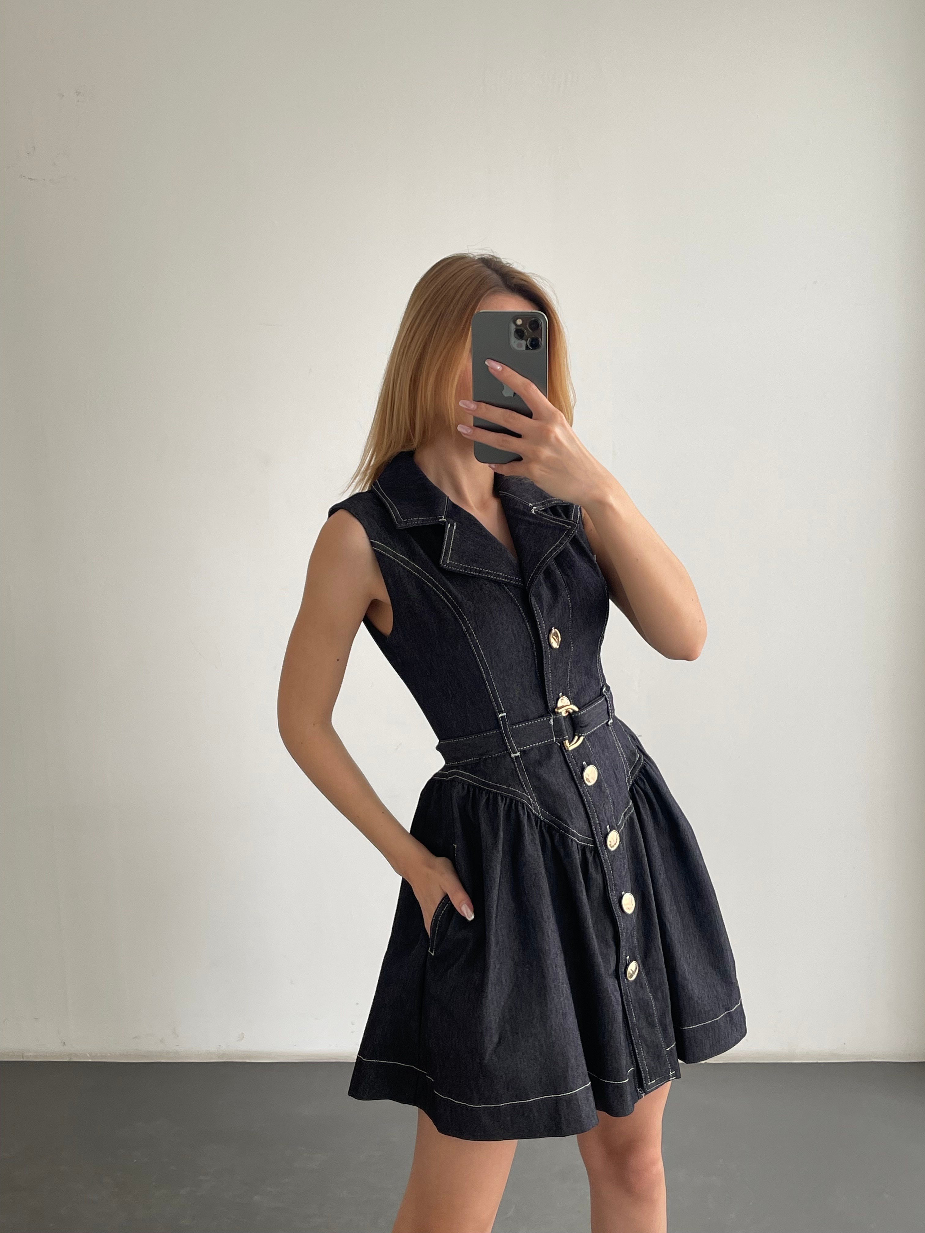 Kemer Detaylı Kontrast Dikişli Kolsuz Denim Mini Elbise