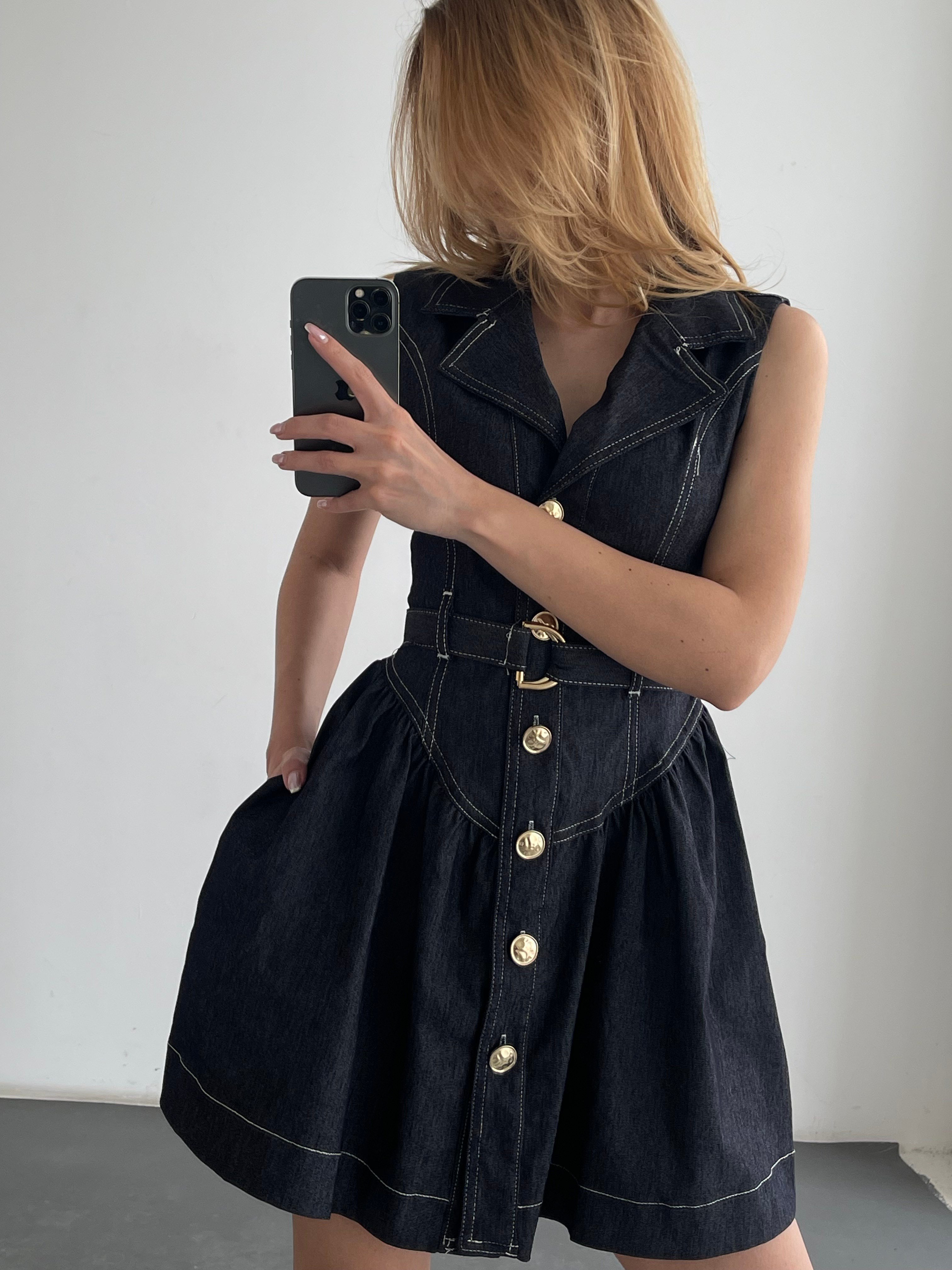 Kemer Detaylı Kontrast Dikişli Kolsuz Denim Mini Elbise