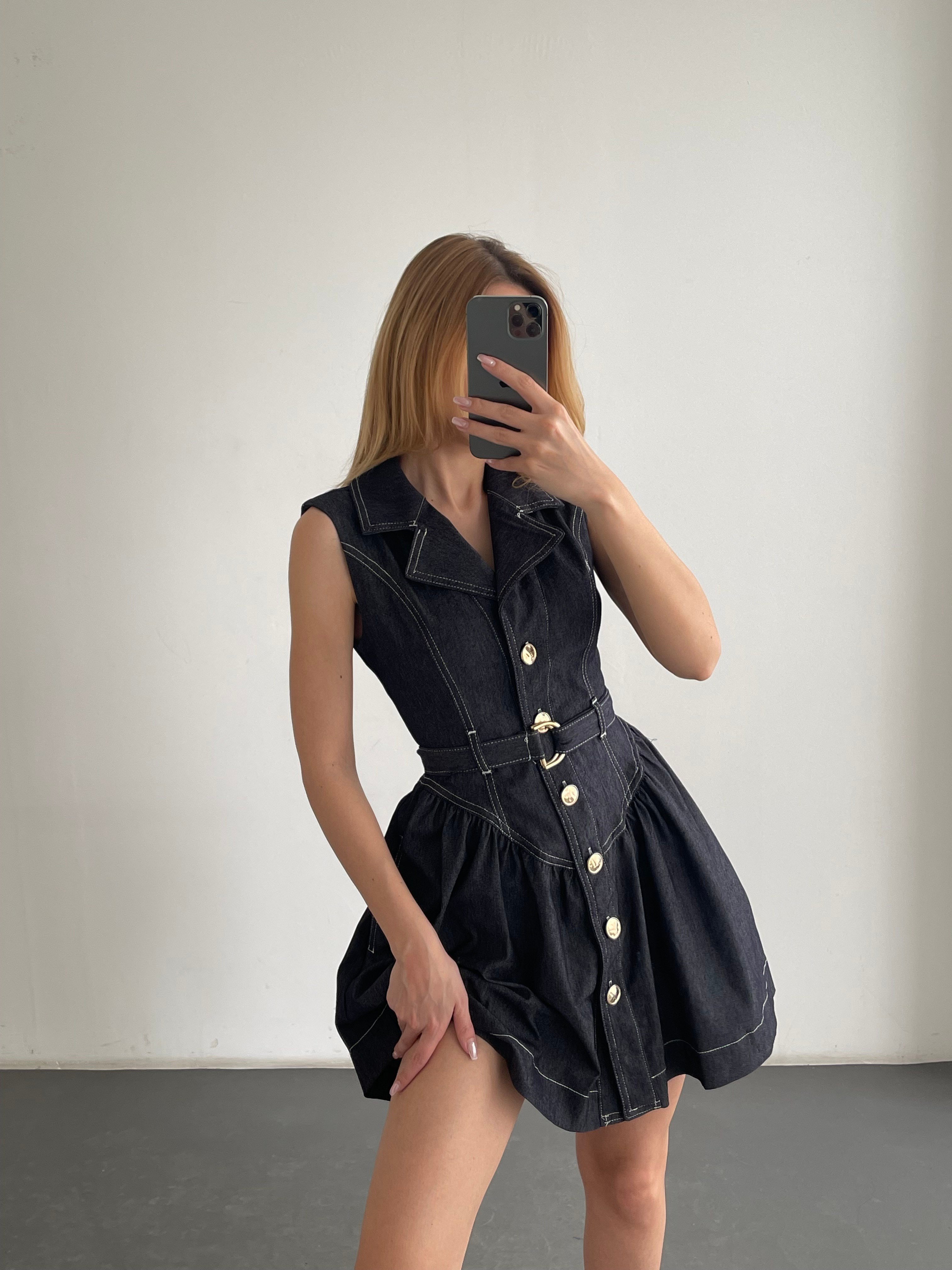 Kemer Detaylı Kontrast Dikişli Kolsuz Denim Mini Elbise
