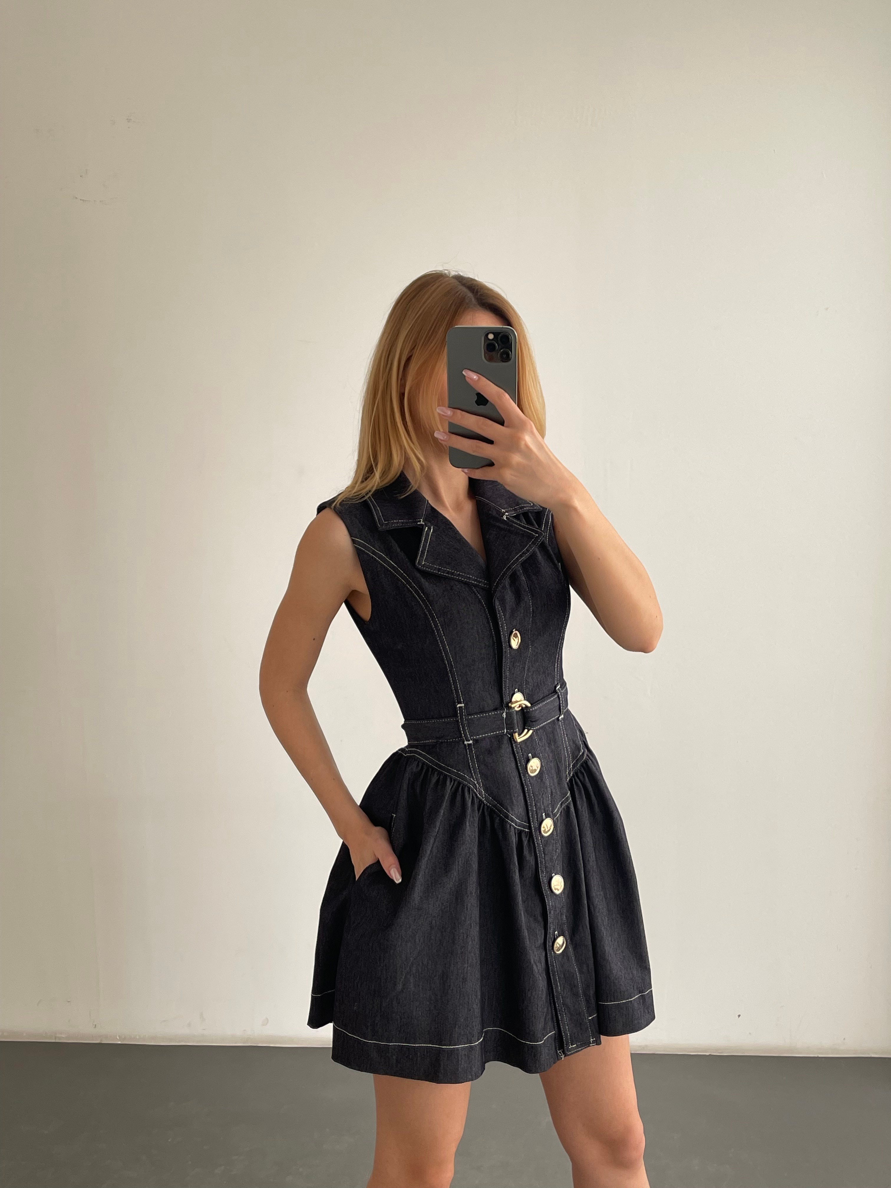 Kemer Detaylı Kontrast Dikişli Kolsuz Denim Mini Elbise