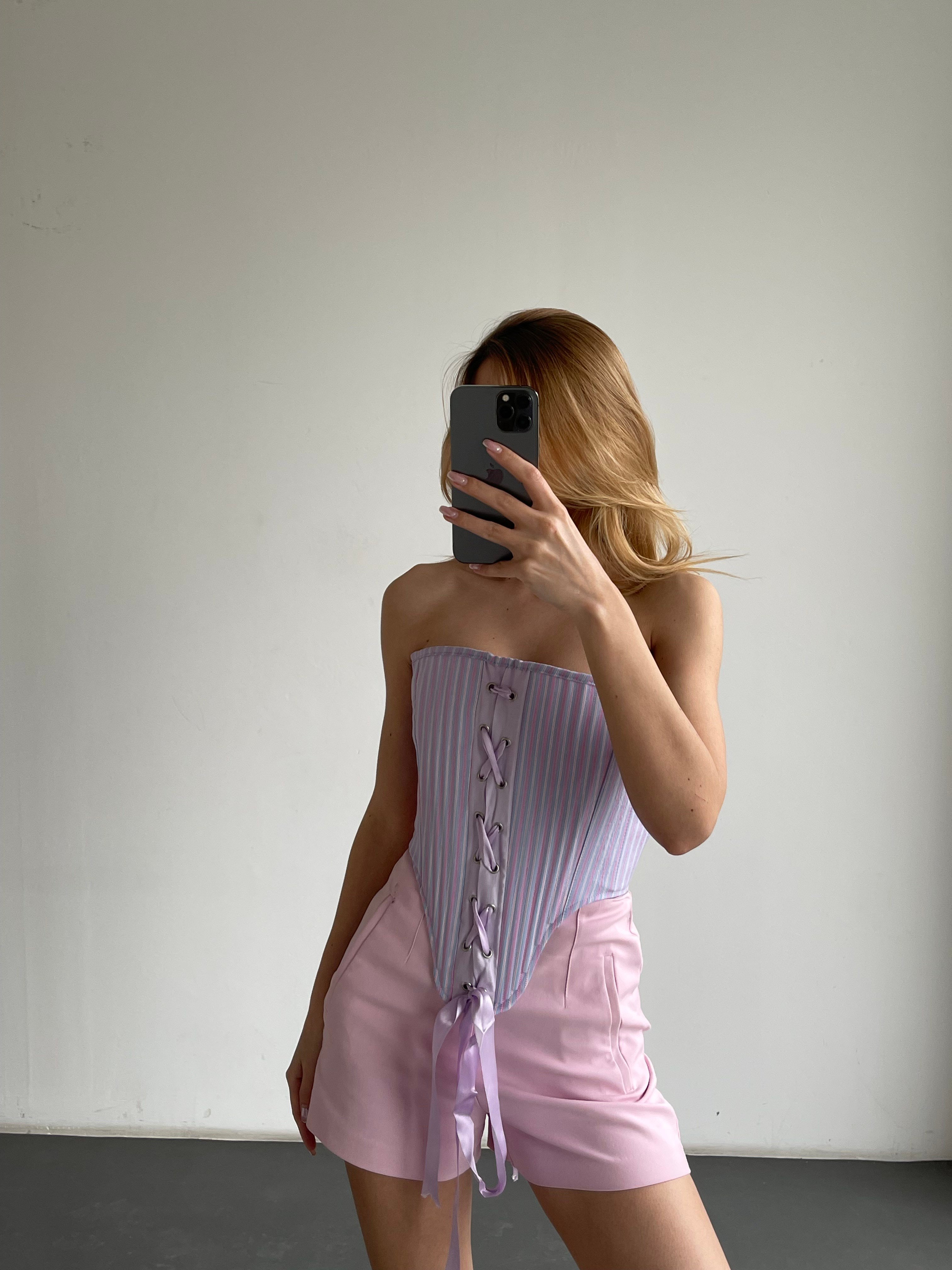 Lila Bağcıklı Straplez Çizgili Korse Büstiyer