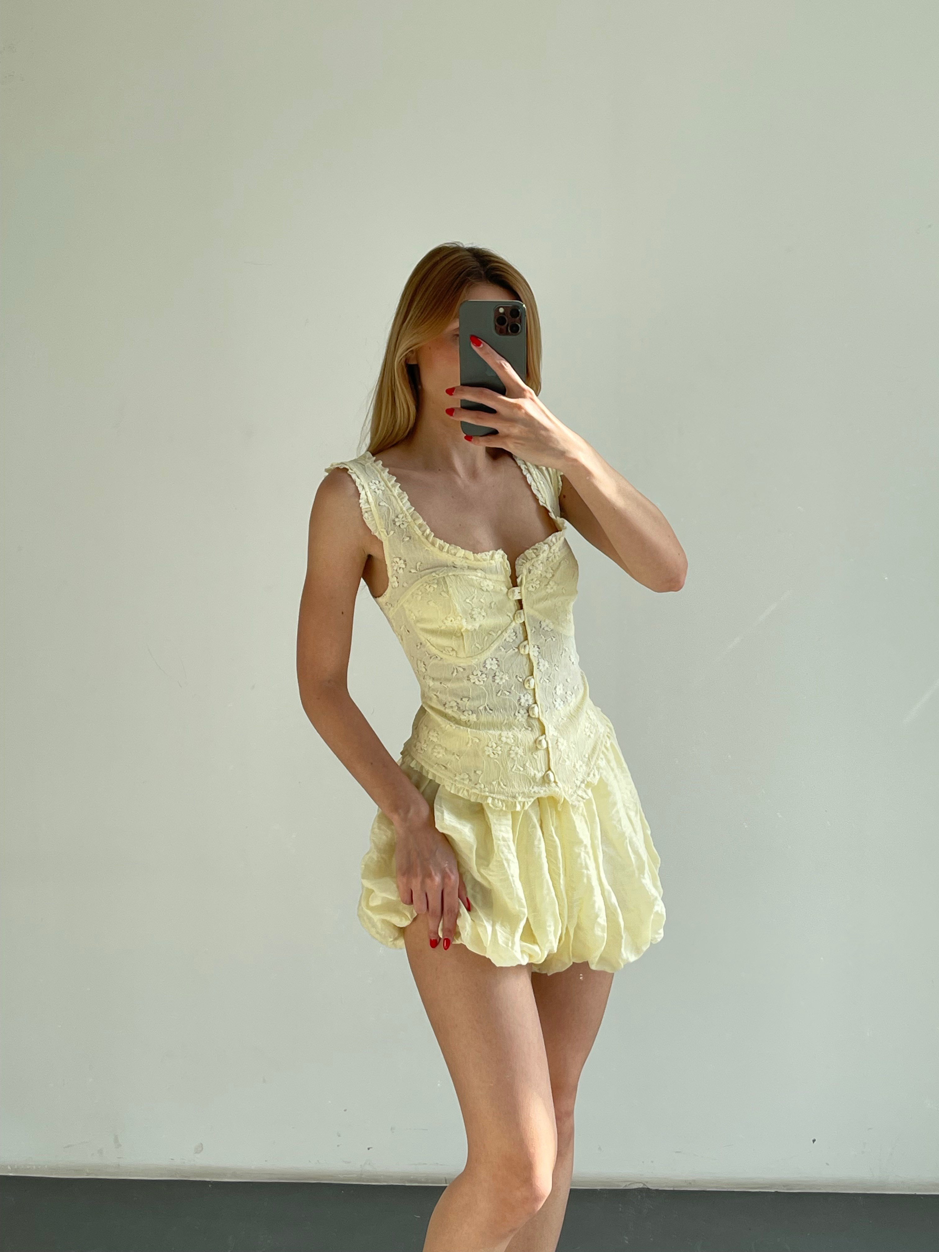 Sarı Dantel Detaylı Büstiyer & Balon Şort Takım