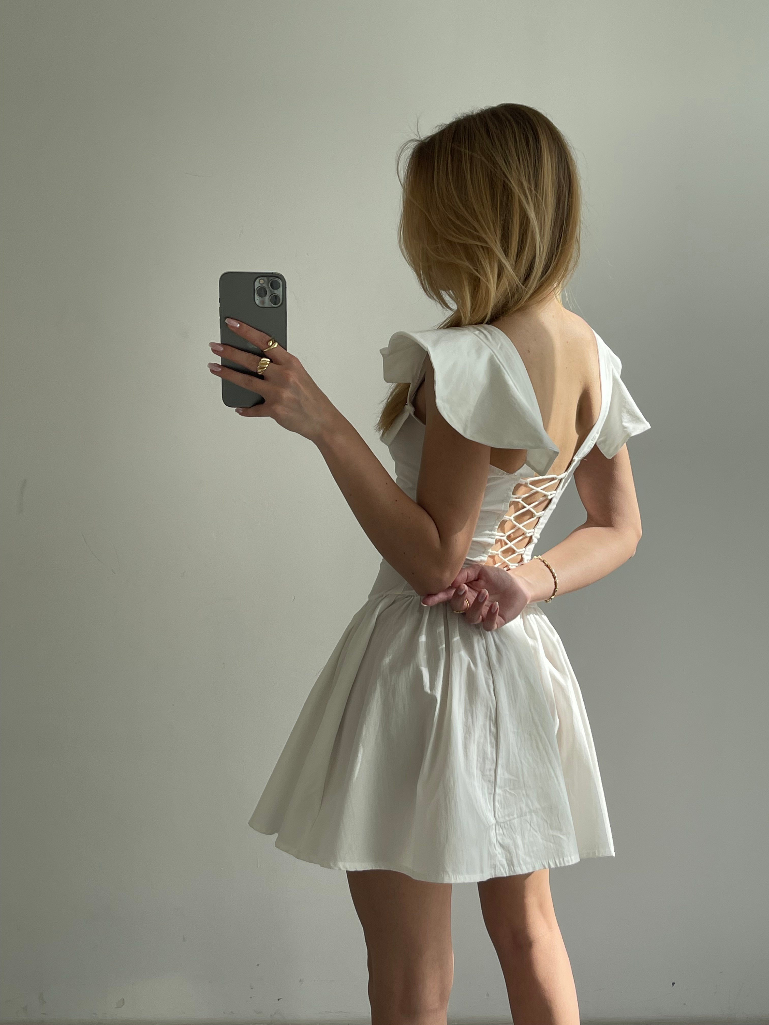 Sırt Bağcıklı Poplin Mini Elbise