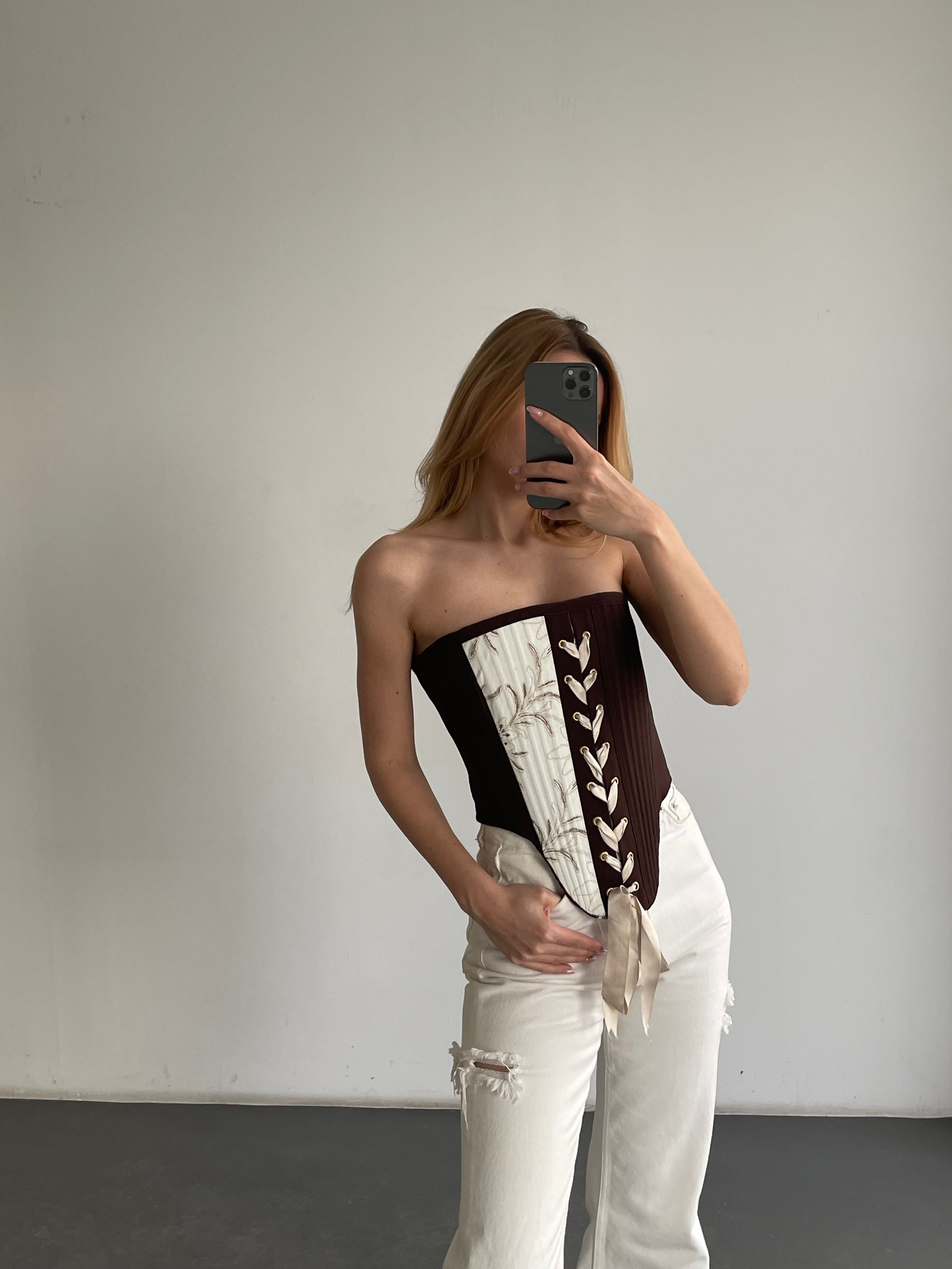 Straplez Bağcıklı Patchwork Desenli Korsaj Büstiyer