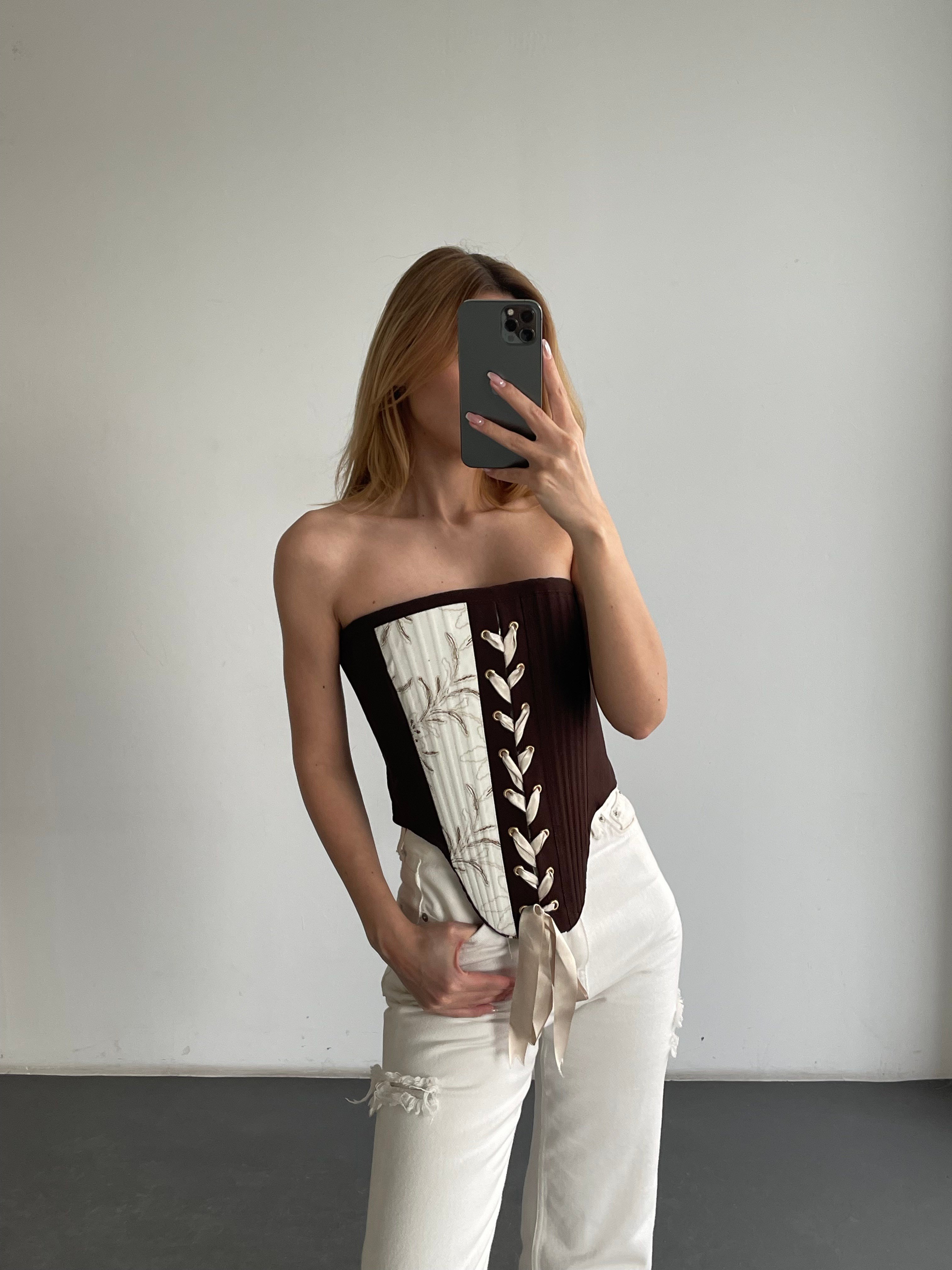 Straplez Bağcıklı Patchwork Desenli Korsaj Büstiyer
