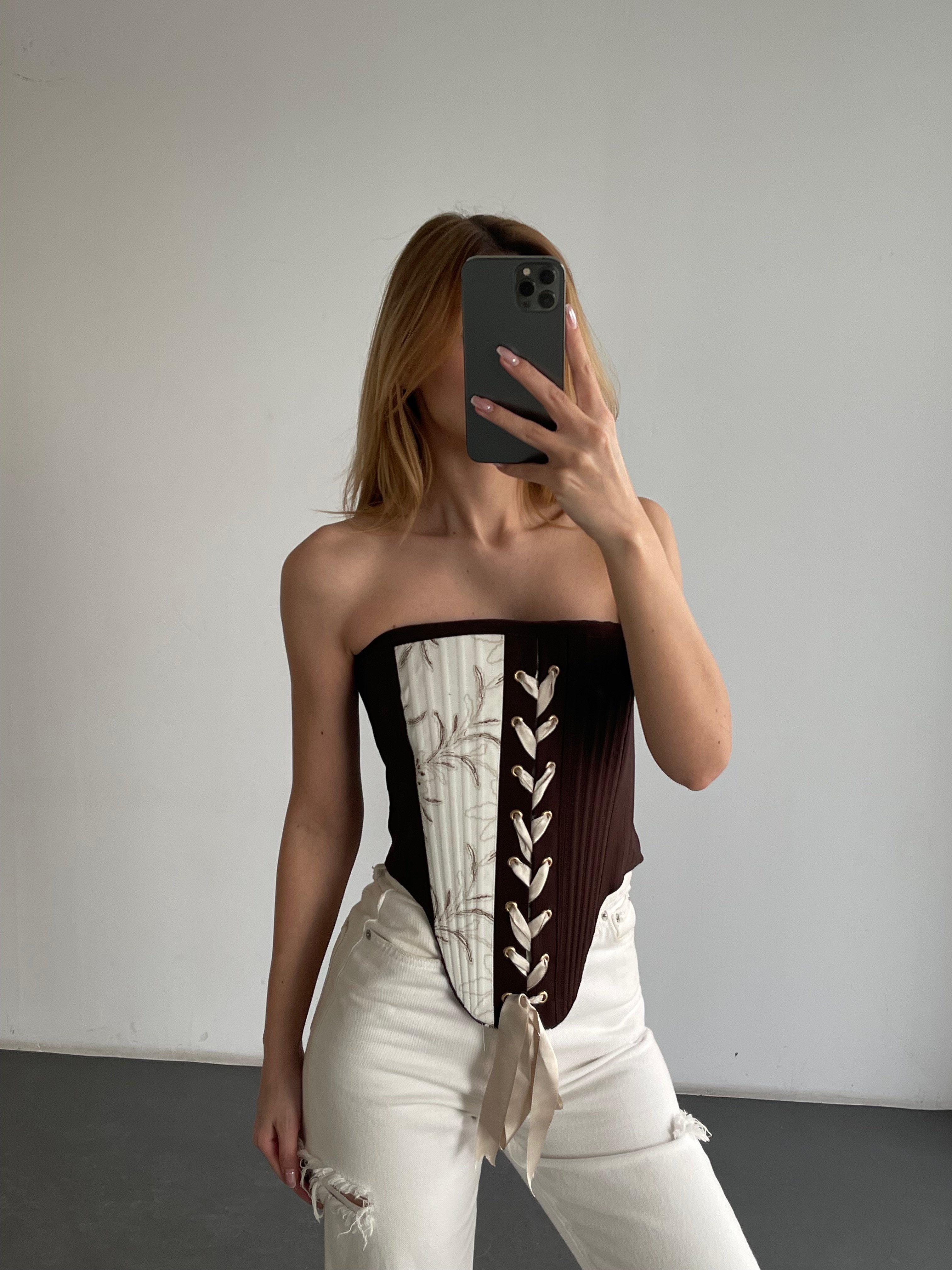Straplez Bağcıklı Patchwork Desenli Korsaj Büstiyer