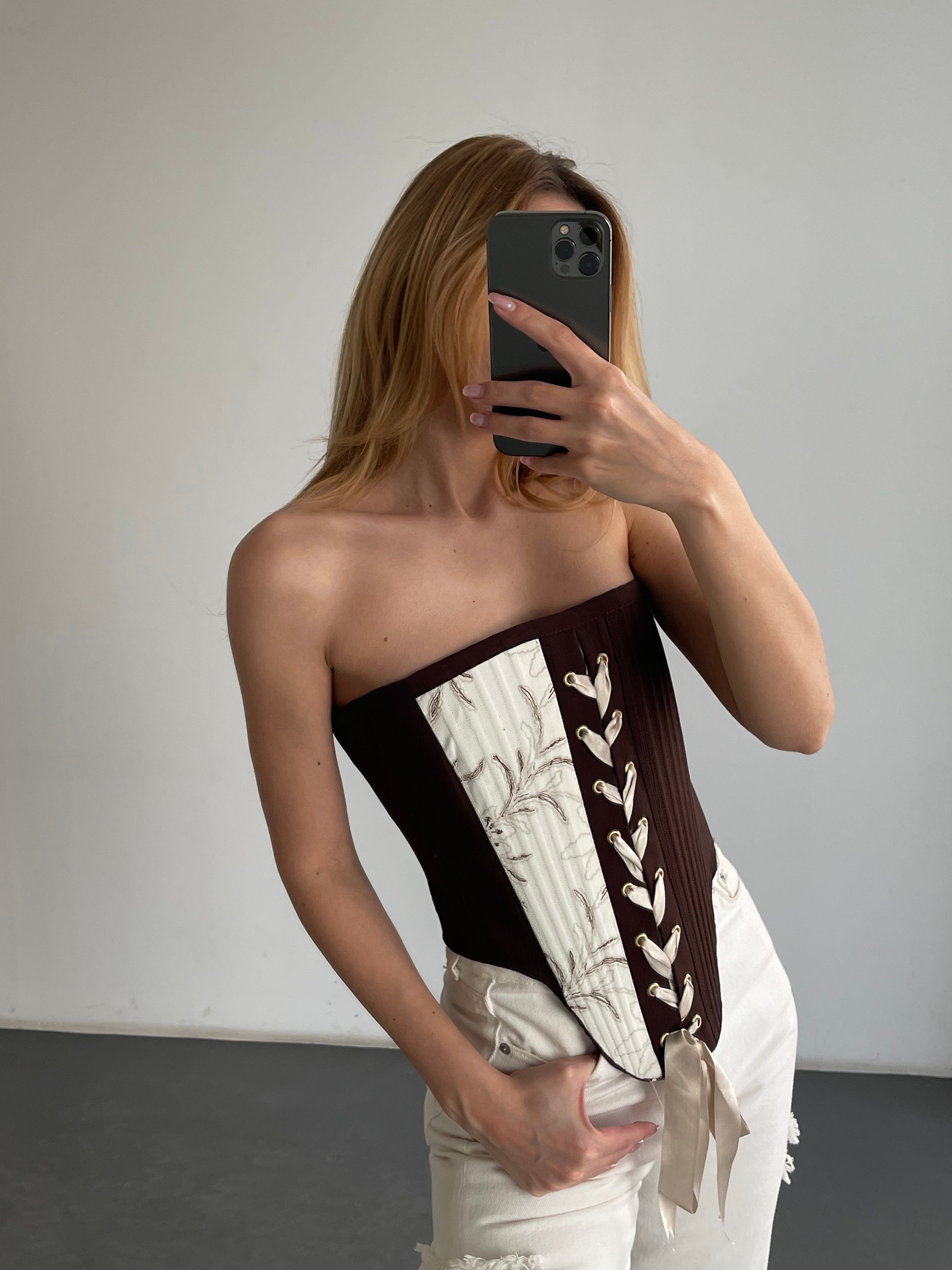 Straplez Bağcıklı Patchwork Desenli Korsaj Büstiyer