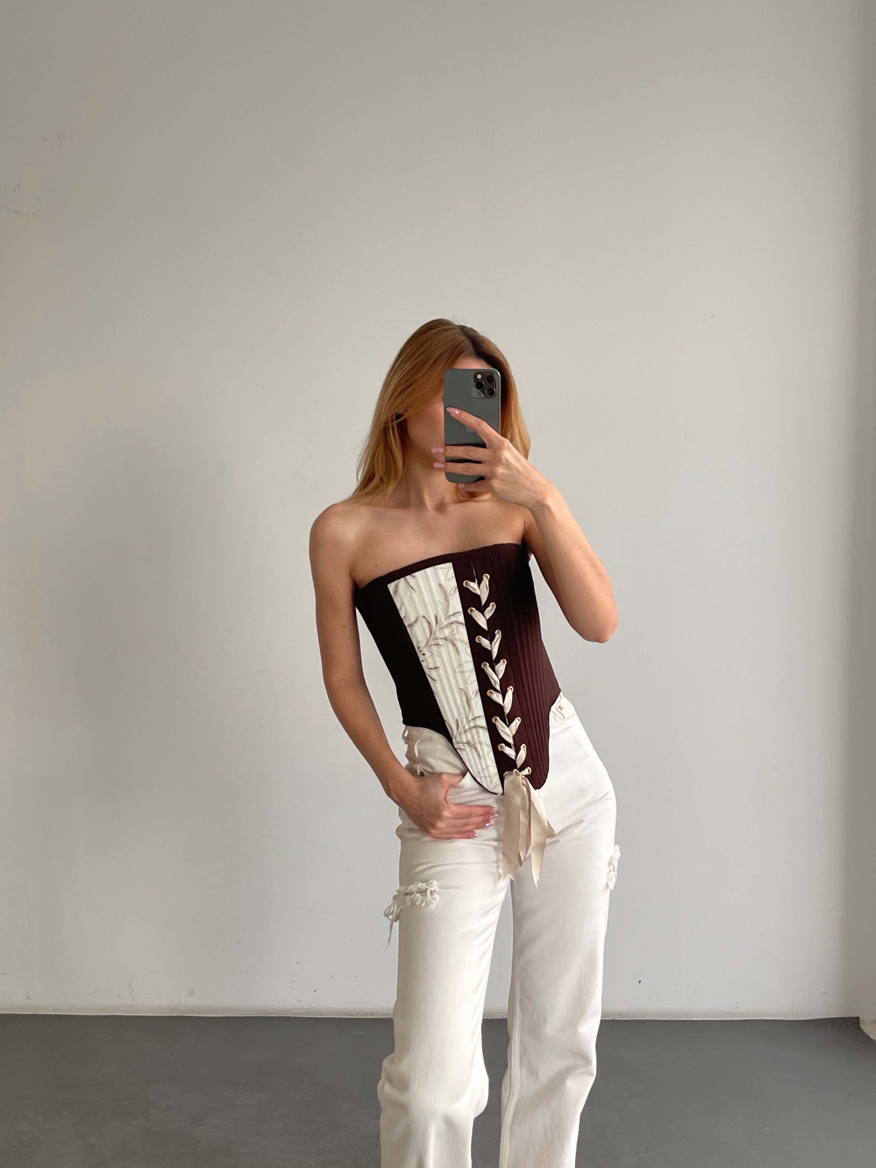 Straplez Bağcıklı Patchwork Desenli Korsaj Büstiyer