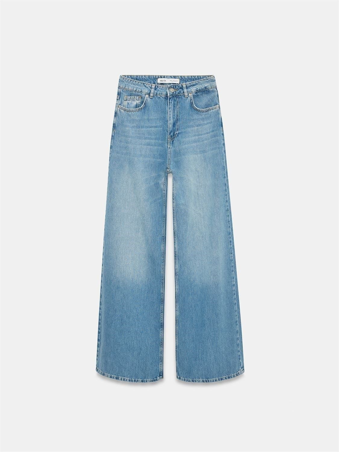 %100 Pamuk Dökümlü Wide Leg Jean-Mavi