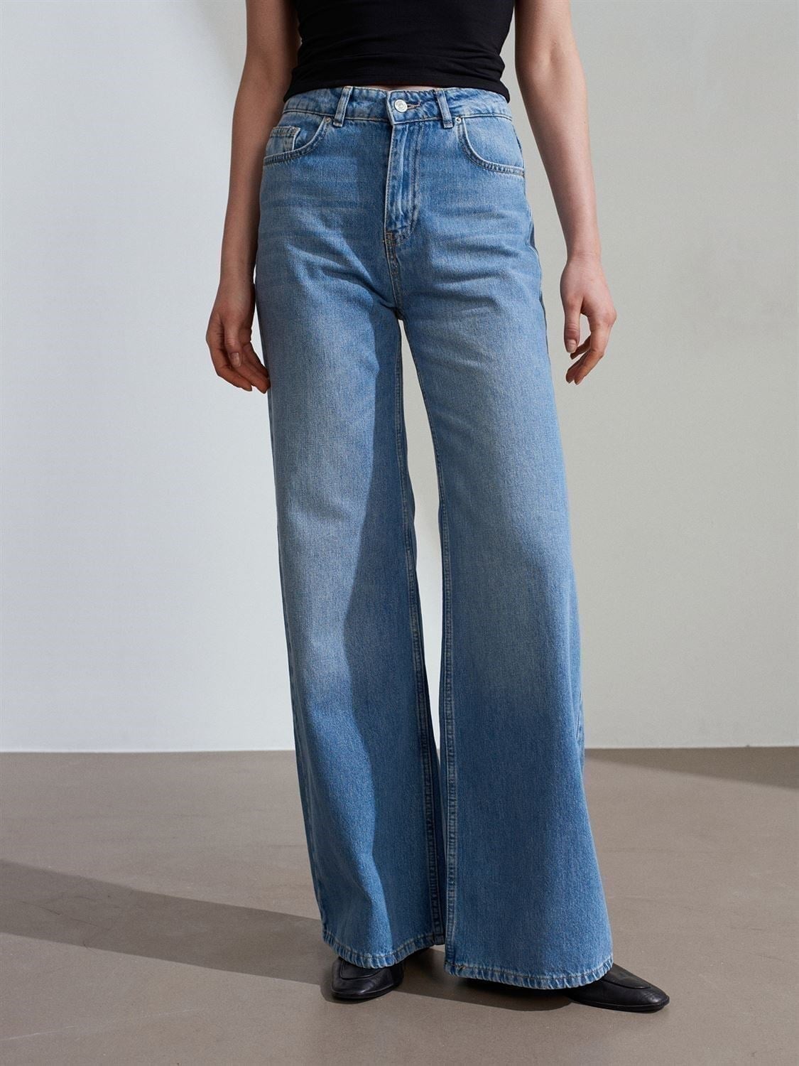 %100 Pamuk Dökümlü Wide Leg Jean-Mavi