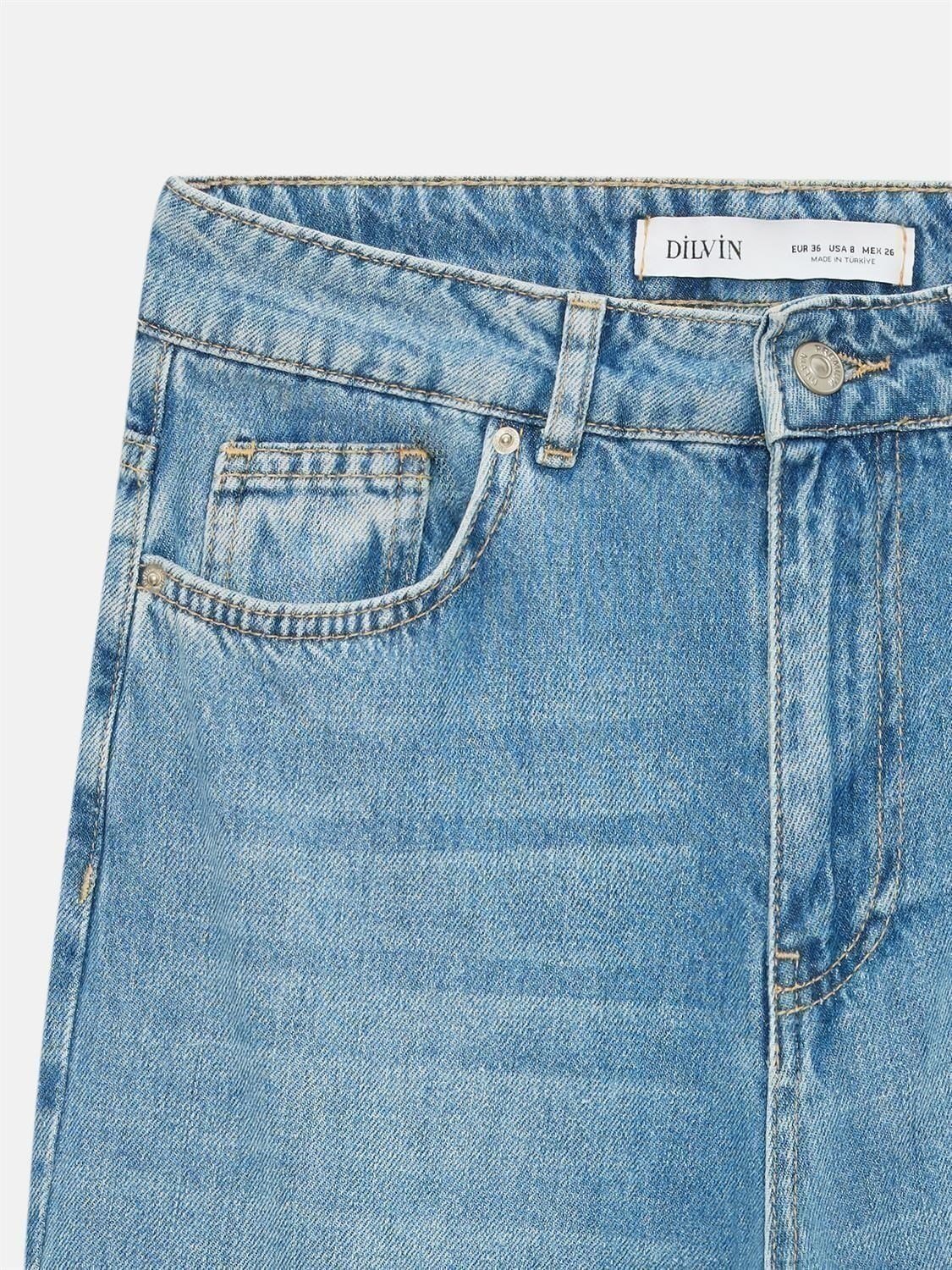 %100 Pamuk Dökümlü Wide Leg Jean-Mavi
