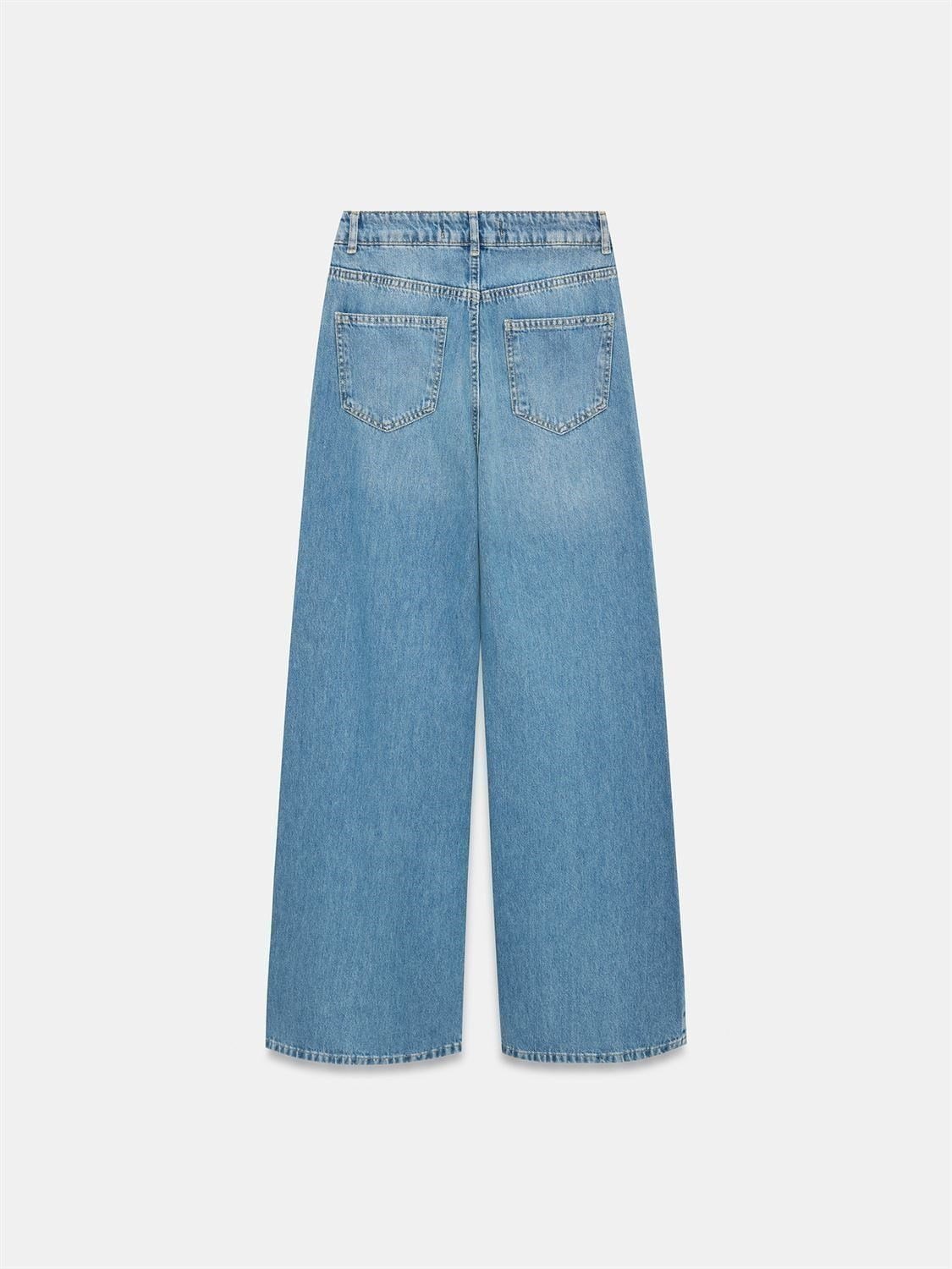 %100 Pamuk Dökümlü Wide Leg Jean-Mavi