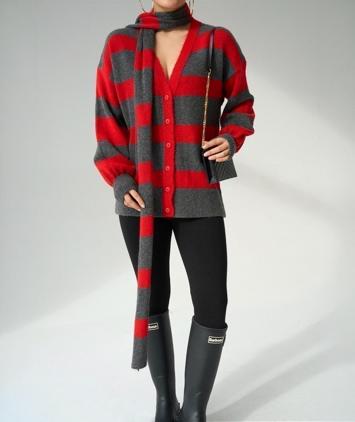 Atkılı V Yaka Hırka – Kırmızı / Gri