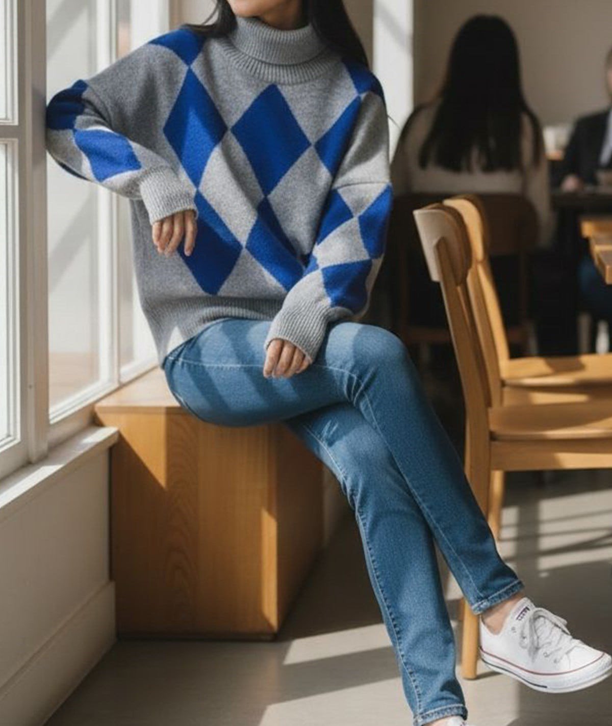 Baklava Desenli Dik Yaka Triko Kazak – Gri Mavi