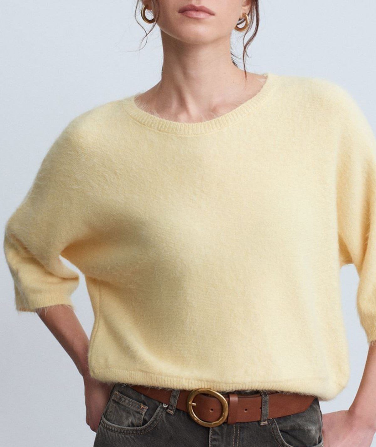 Bisiklet Yaka Yumuşak Dokulu Kazak Sarı