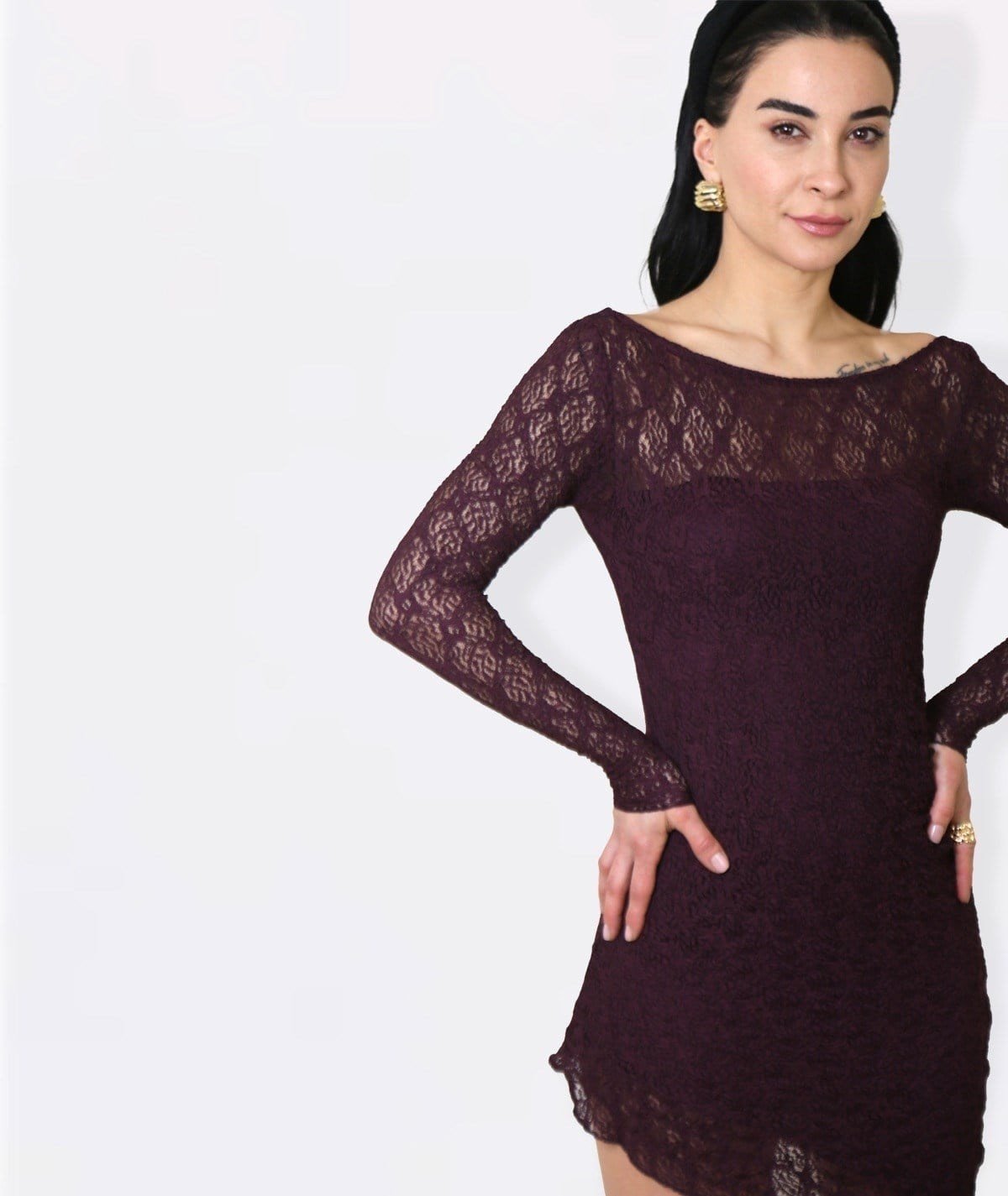 Bordo Astar Detaylı Mürdüm Tül Elbise