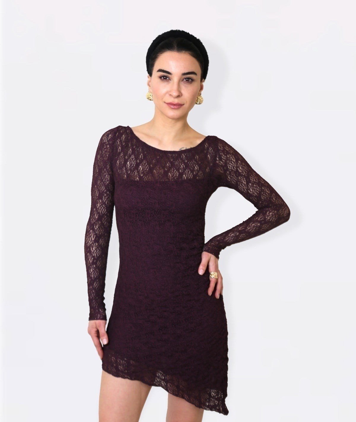 Bordo Astar Detaylı Mürdüm Tül Elbise