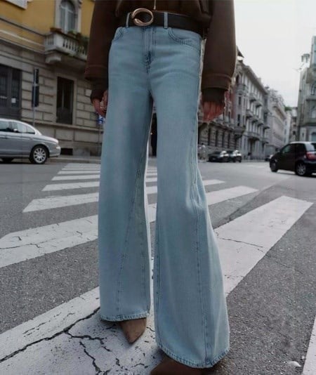 Buz Mavi Paça Detaylı Wide Leg Jean