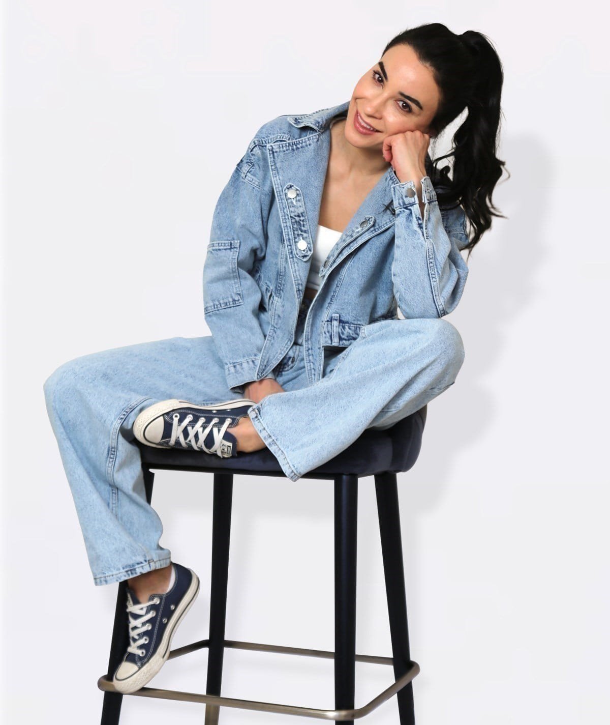 Çapraz Düğme Detaylı Crop Denim Ceket